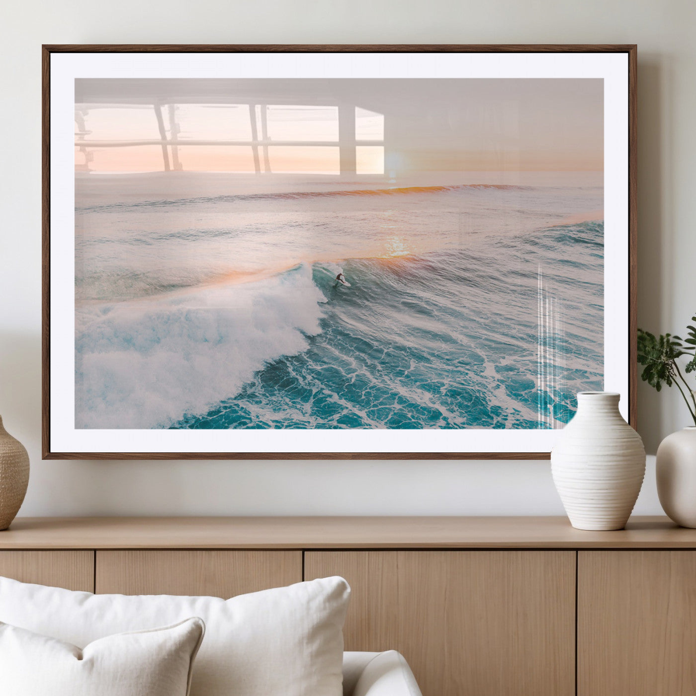 34064591-MGC-FP-40x30_Walnut-Sunset Surfing Canvas Wall Art Print, Ocean Wave Surfer Decor, Large Coastal Surf Canvas for Beach House or Living Room 1 Panel Wrapped Canvas
