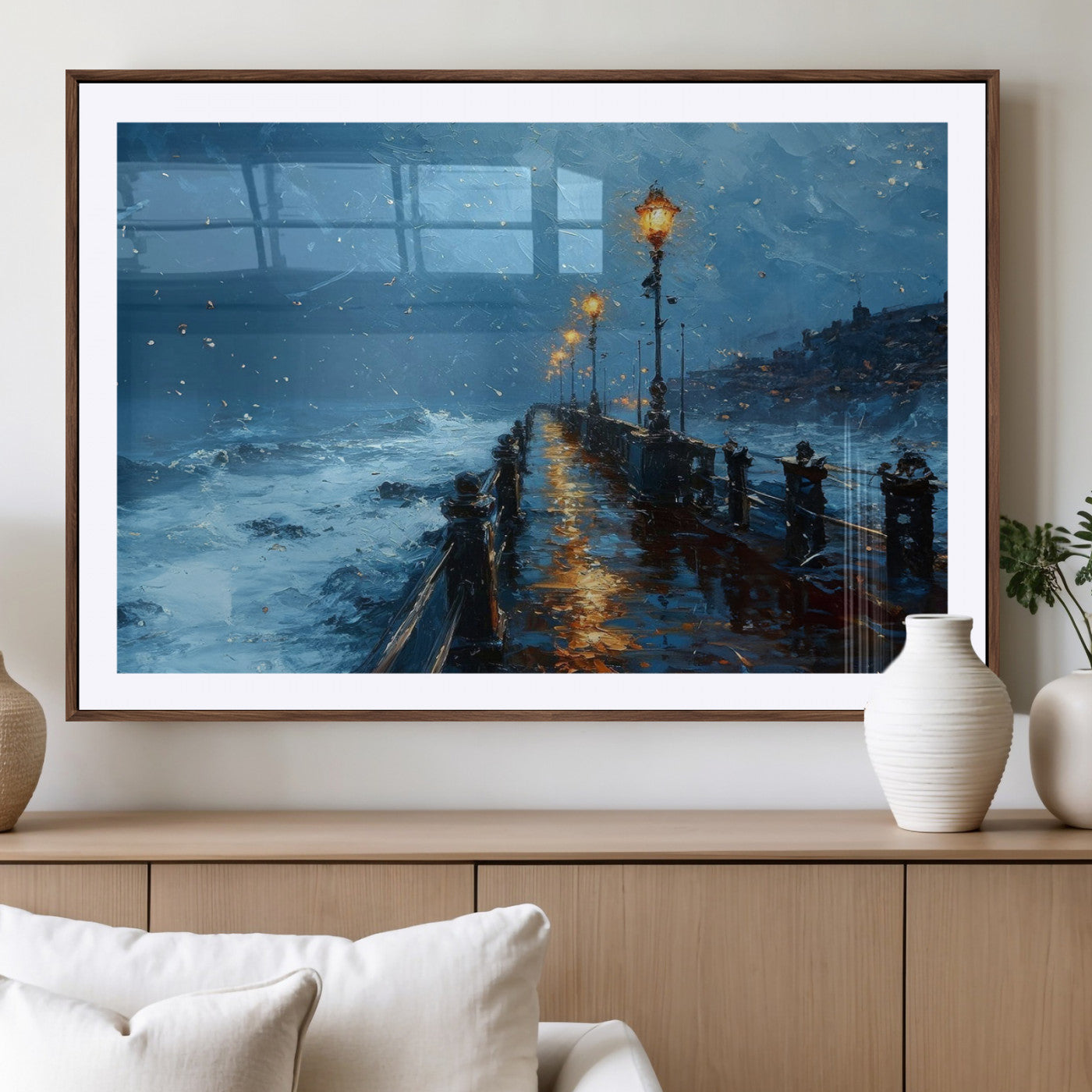 "Impressionistic painting of a stormy pier with street lamps glowing, waves crashing, and a misty ocean under a blue sky."