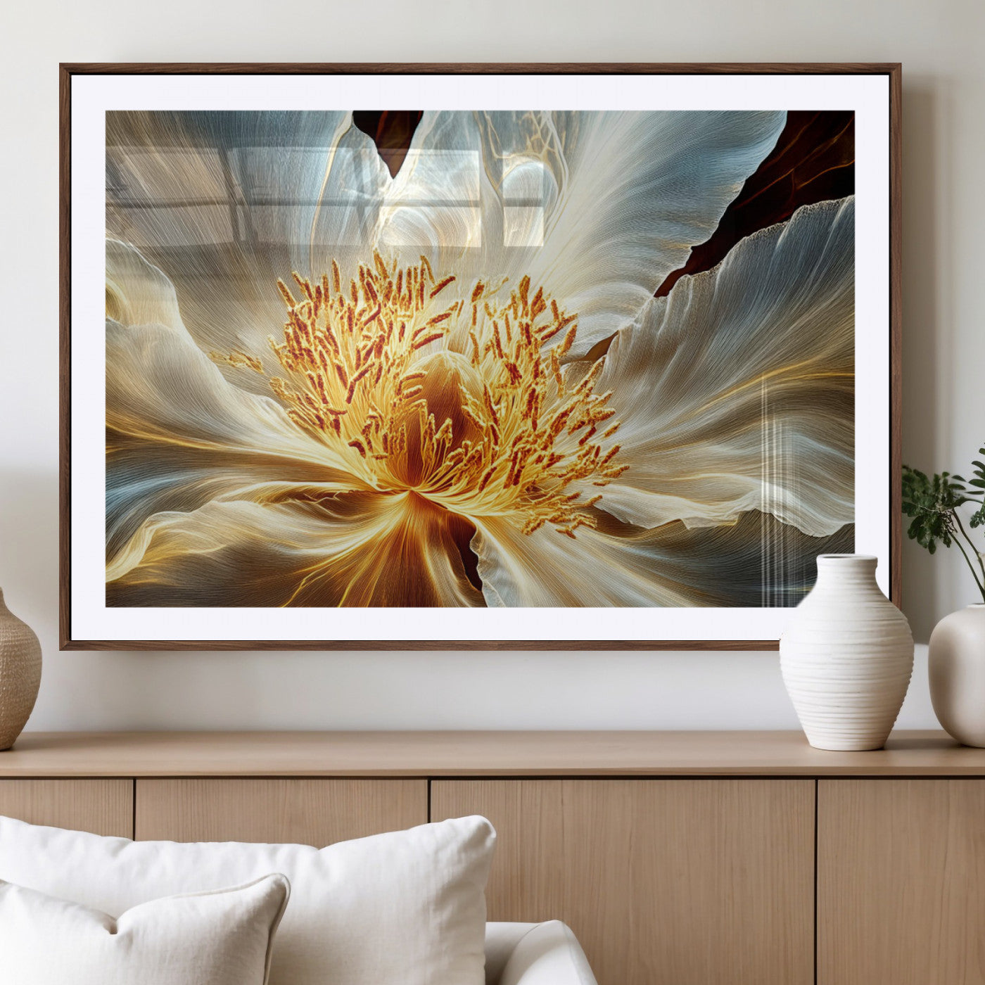 "Close-up of a glowing, abstract flower with delicate white petals and vibrant golden-yellow stamen against a dark background."