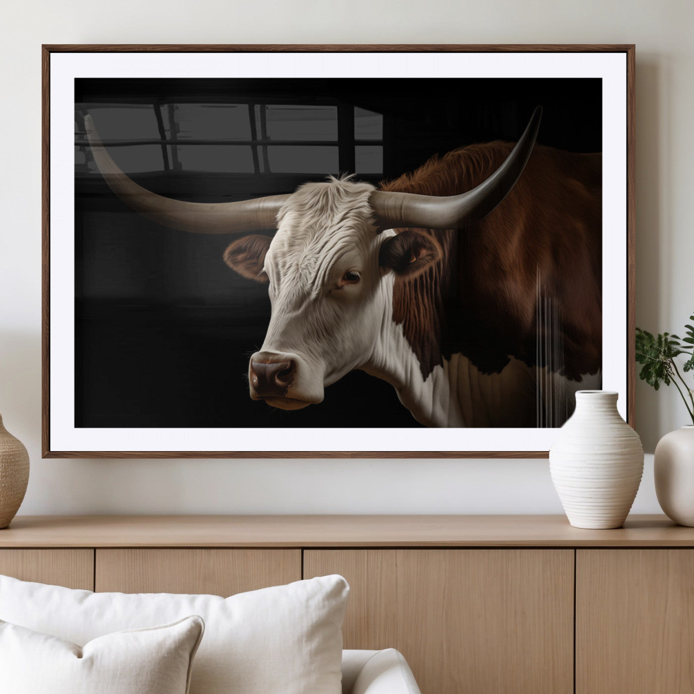 "Close-up of a brown and white longhorn cow with prominent curved horns against a black background."