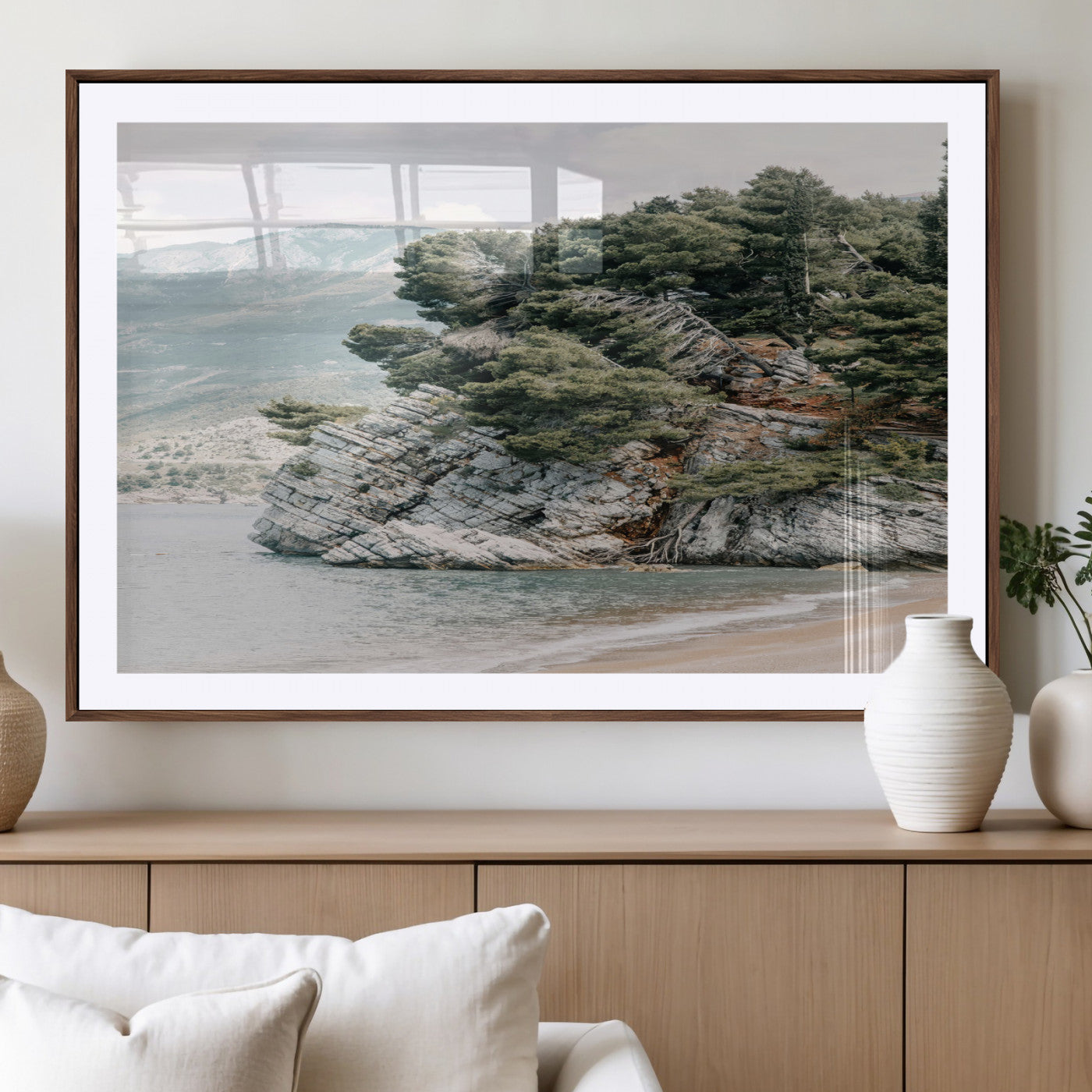 MGC-FP-36x24 - Coastal Rock Canvas Wall Art Print, Scenic Beach Landscape, Pine Trees on Rocky Cliff, Large Nature