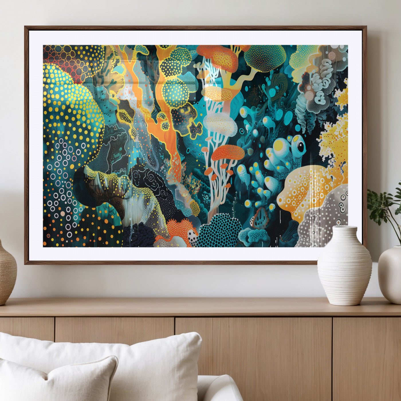 Colorful abstract coral reef scene featuring vibrant underwater plants, marine patterns, and fluid organic shapes – Wall Art Canvas Print.