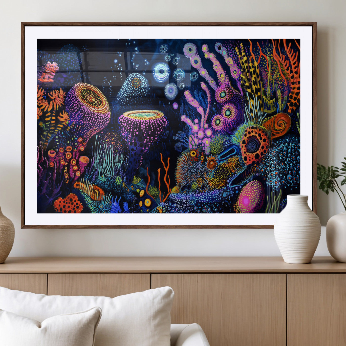 Vibrant and colorful abstract underwater coral reef artwork with diverse shapes and glowing patterns – Wall Art Canvas Print.