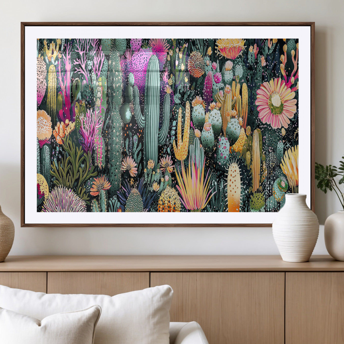 Colorful and detailed painting of various cacti and desert flowers in vibrant hues on a dark background – Wall Art Canvas Print.
