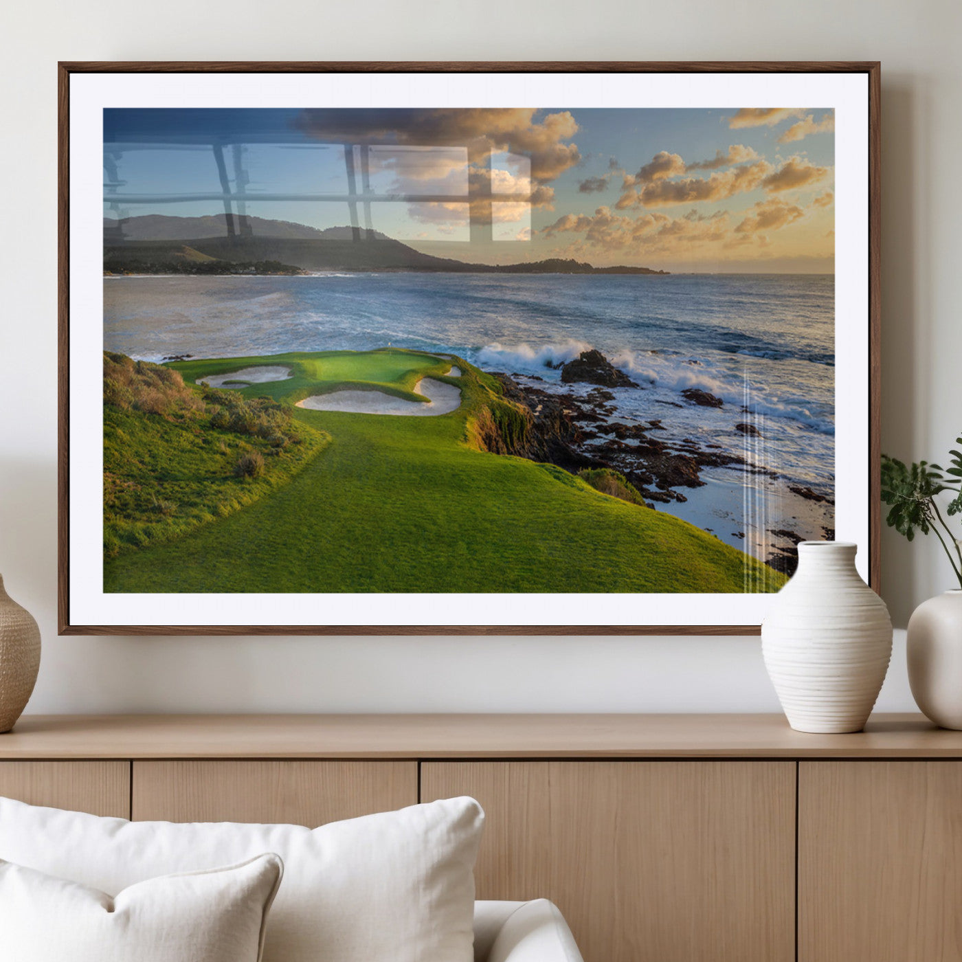 MGC-FP-36x24 - Stunning Coastal Golf Course at Sunset with Rolling Green Fairways and Ocean Waves – Perfect Wall