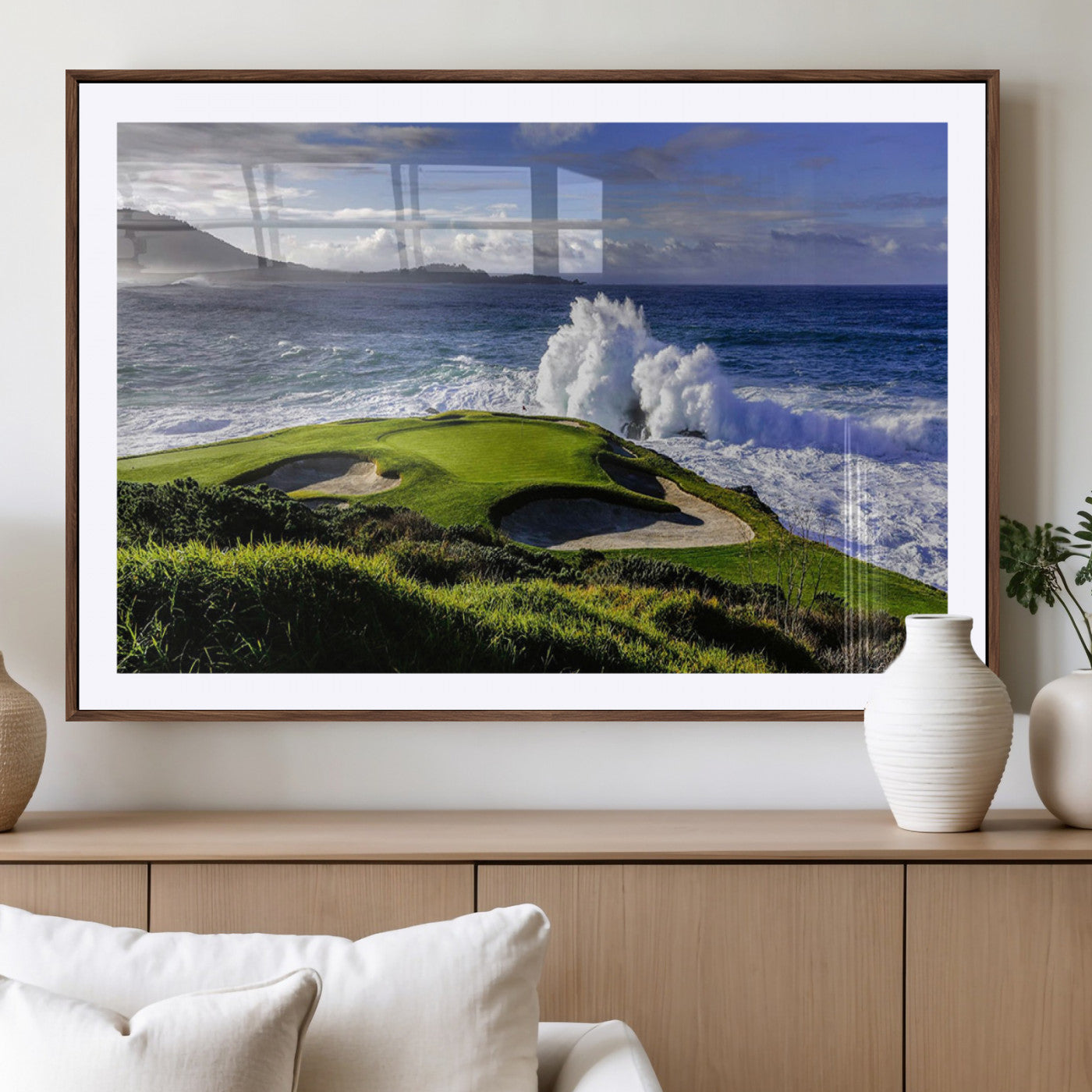 -Dramatic Ocean Waves Crashing Against Rocky Coastline Near a Green Golf Course – Stunning Wall Art