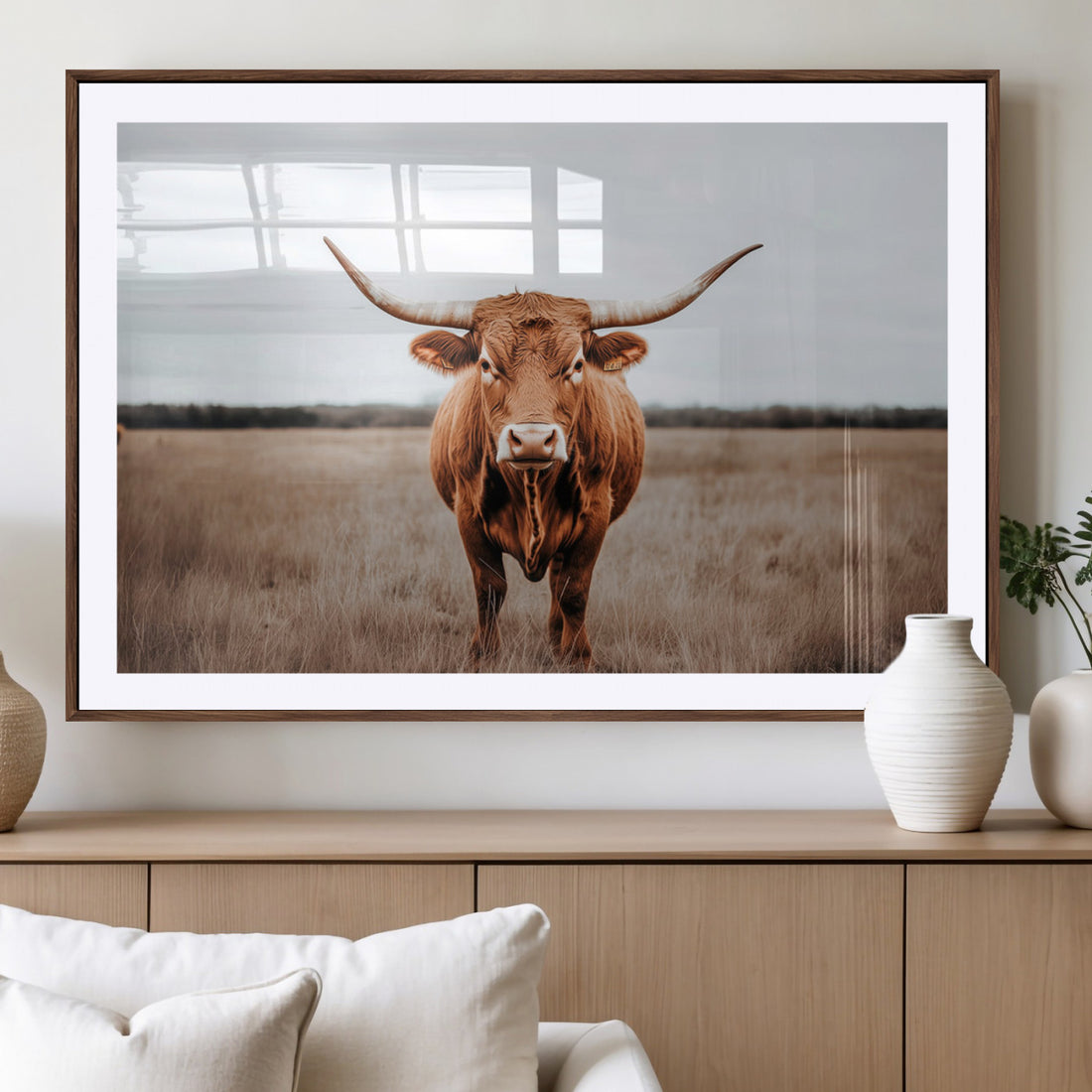 Longhorn Bull Wall Art Canvas Print, Framed Rustic Decor