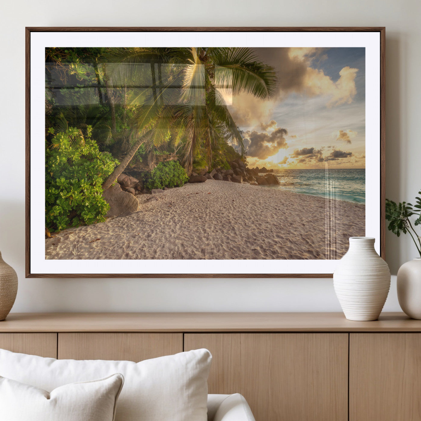 89531159-MGC-FP-40x30_Walnut-Tropical beach sunset, palm trees, white sand, ocean waves, golden sky, serene landscape, nature beauty, tranquil shore, Wall Art Canvas Print
