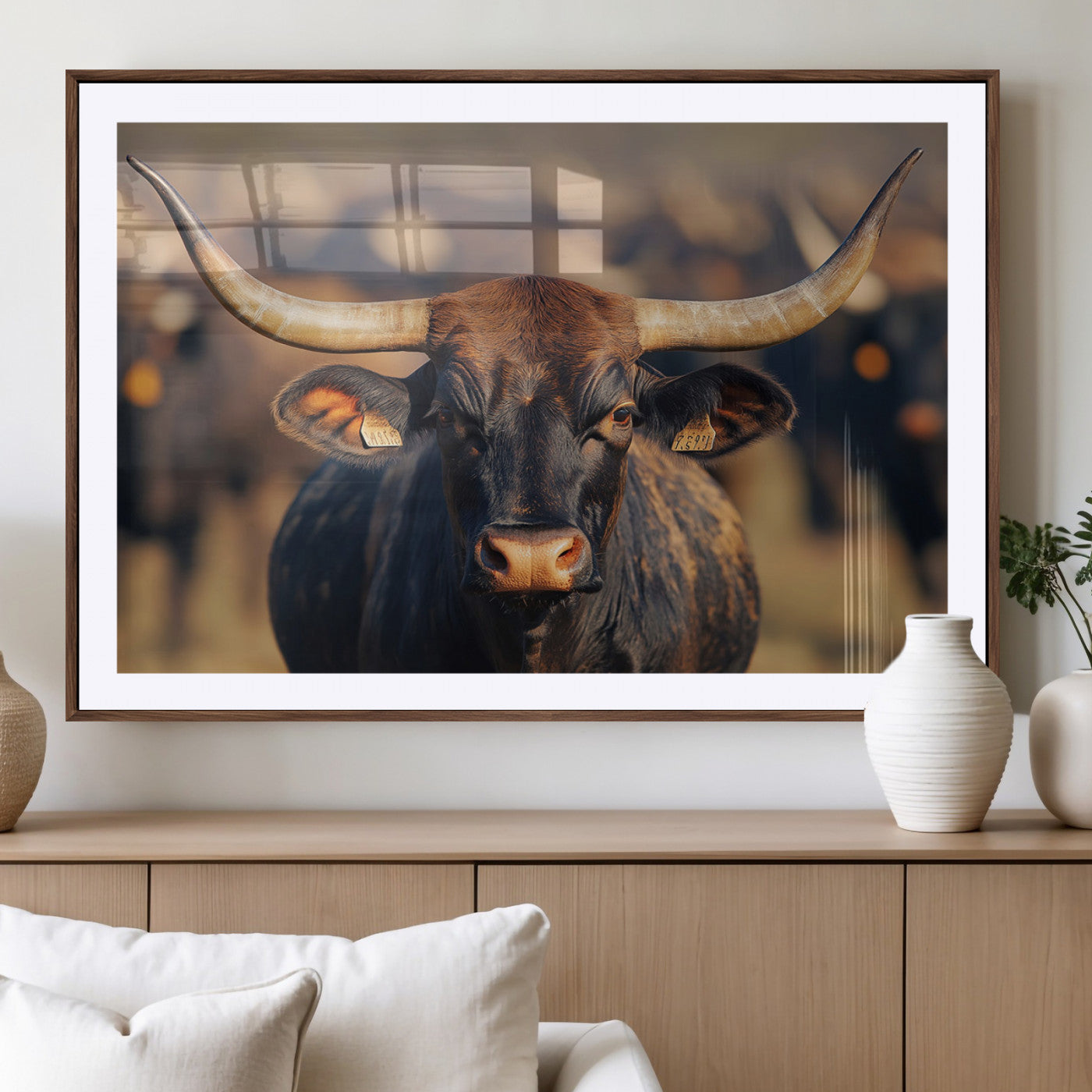 35515971-MGC-FP-40x30_Walnut-Majestic bull head close-up, long curved horns, detailed fur texture, warm sunlight, focused gaze, Wall Art Canvas Print