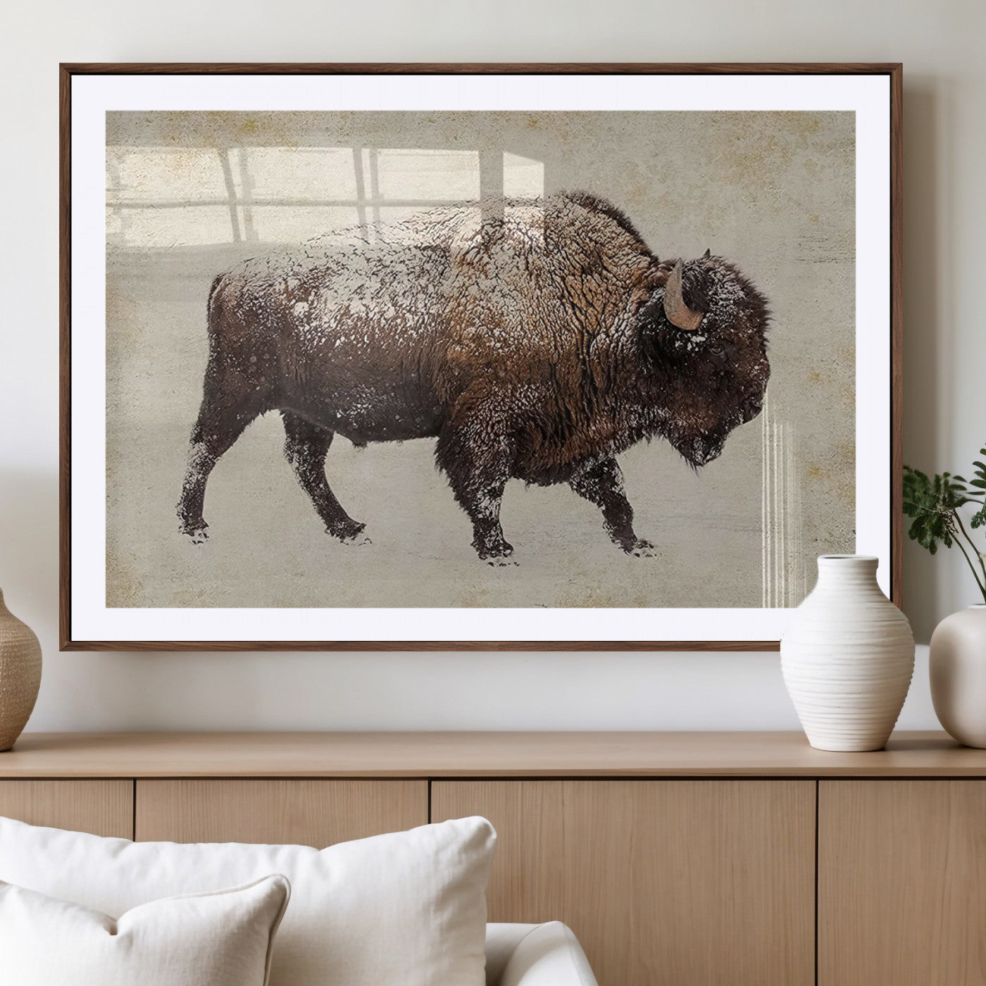 54810031-MGC-FP-40x30_Walnut-Snow-dusted bison silhouette textured vintage style rugged wildlife art with neutral tones perfect for rustic home decor Wall Art Canvas Print design