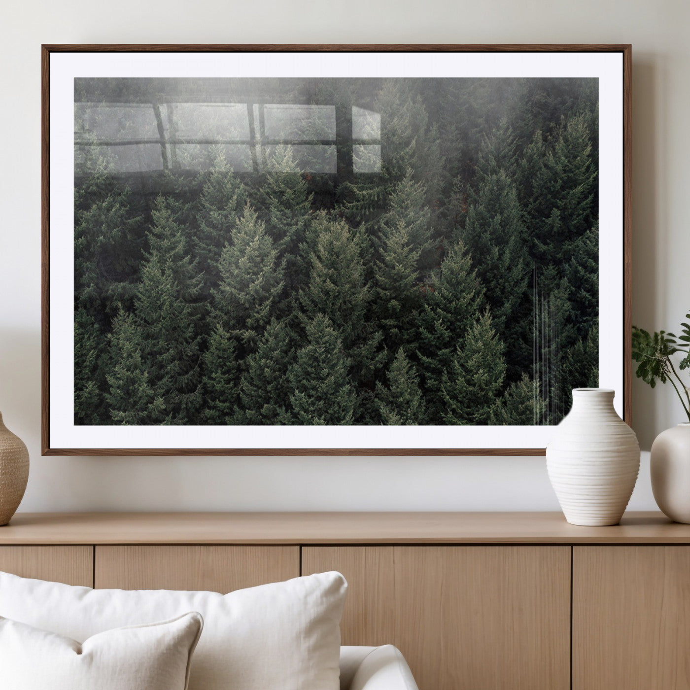 84059409-MGC-FP-40x30_Walnut-Dense Evergreen Forest Misty Morning Fog Pine Trees Woodland Nature Landscape Calm Peaceful Scenic Wall Art Canvas Print