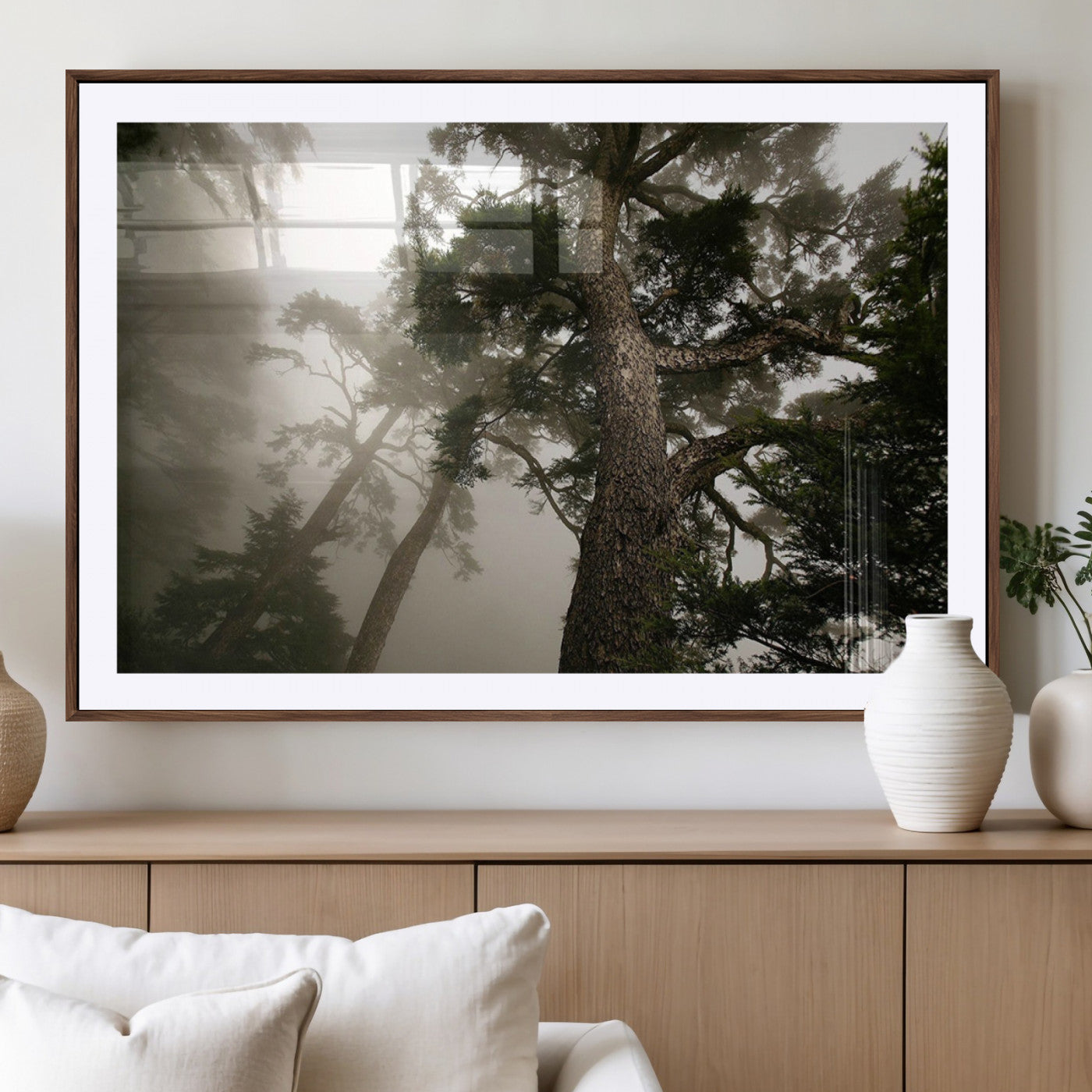 87969493-MGC-FP-40x30_Walnut-Misty Forest Tall Trees Foggy Atmosphere Nature Serenity Calm Wooded Landscape Tranquil Scene Outdoor Beauty Wall Art Canvas Print