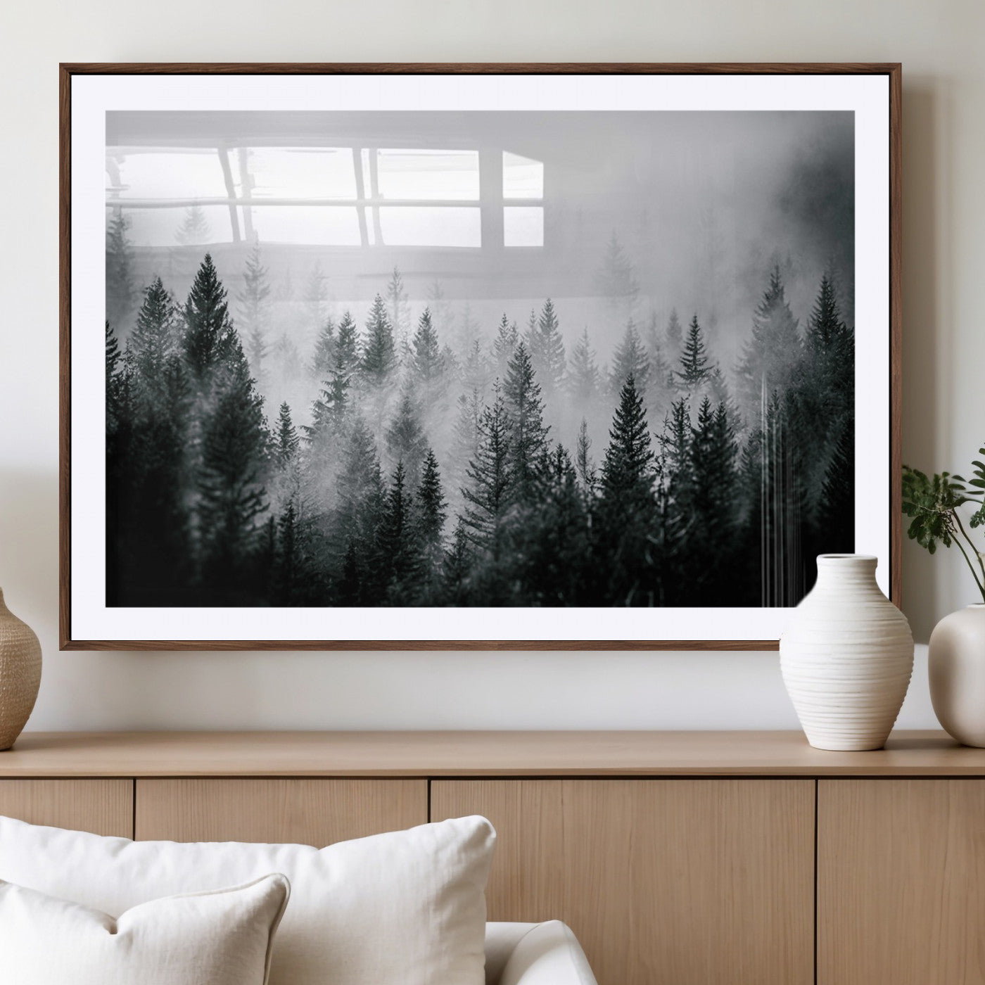 Horizontal black and white canvas wall art of foggy pine forest landscape for modern and rustic home decor