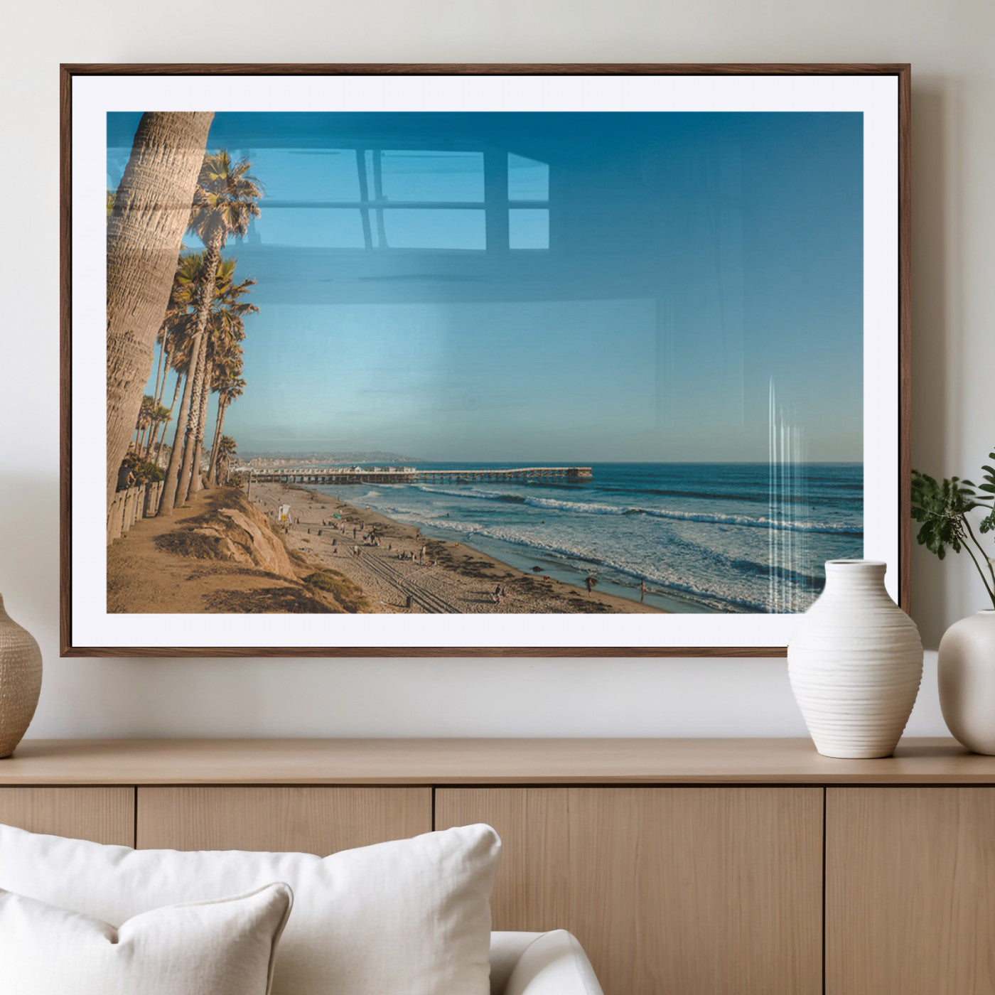 MGC-FP-36x24 - Scenic Beach with Tall Palm Trees, Sandy Shore, and Long Pier Stretching into the Calm Ocean Under