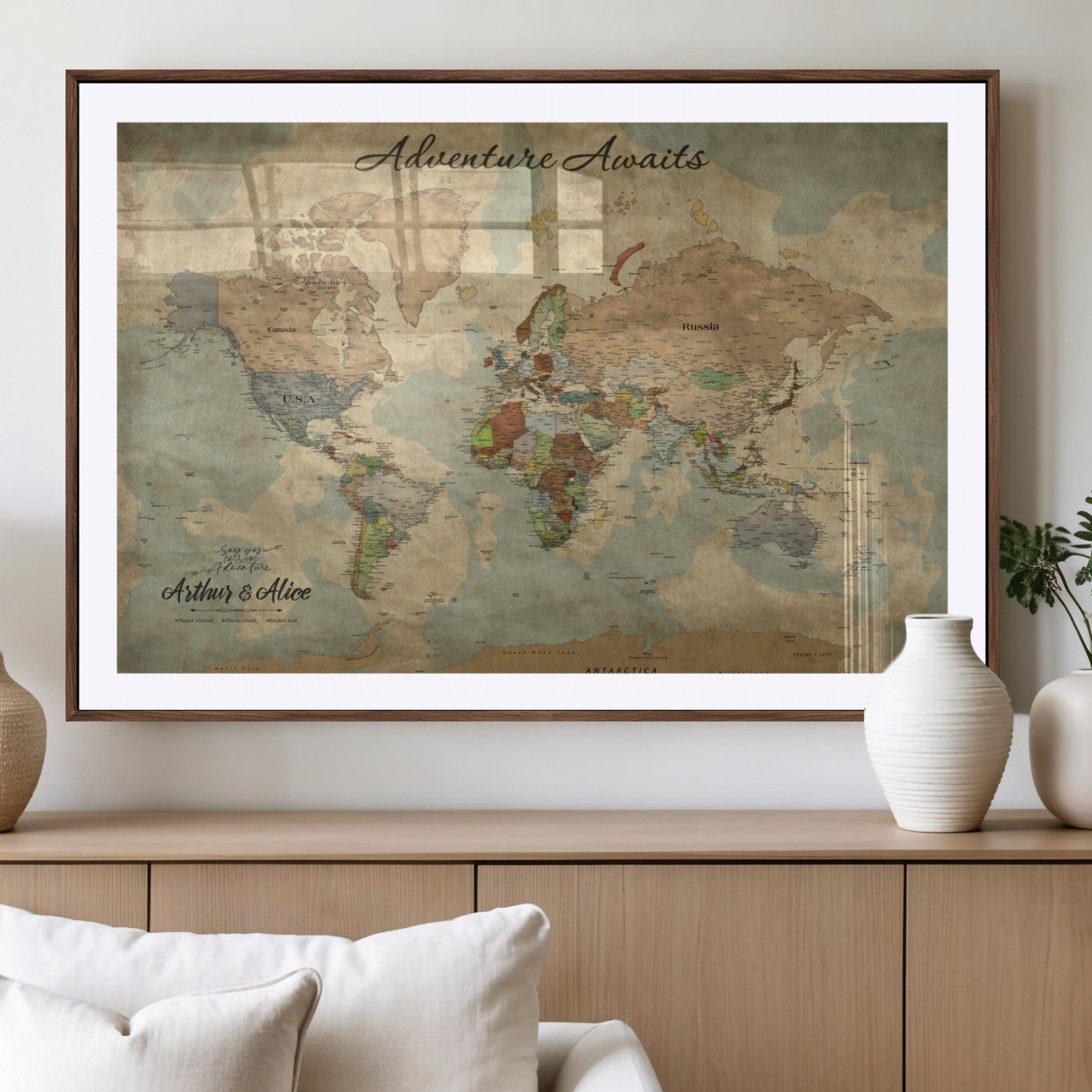 MGC-FP-36x24 - Personalized World Map Wall Art Canvas Print – Custom Push Pin Travel Map for Couples, Families, or Office Décor