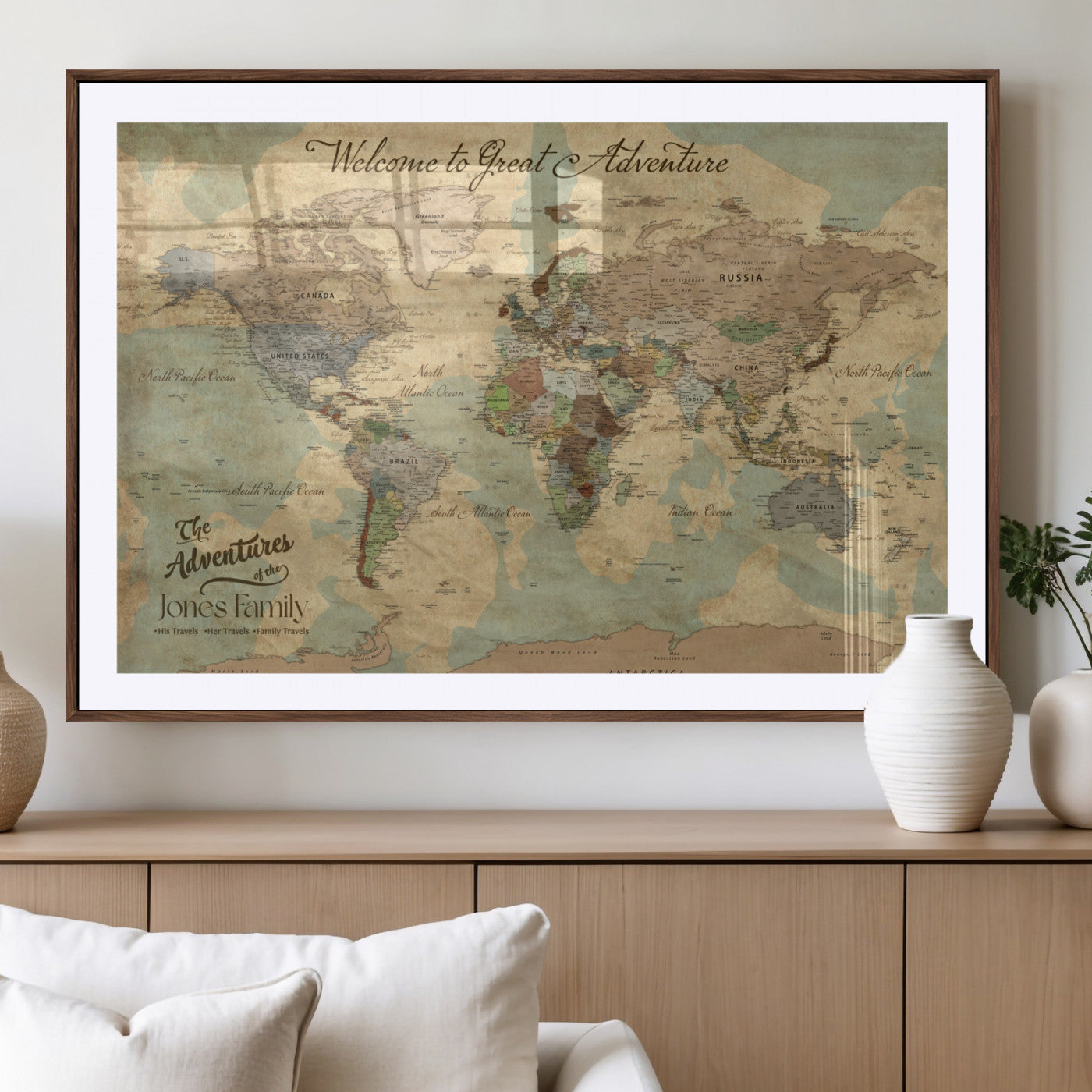 MGC-FP-36x24 - Personalized World Map Wall Art Canvas Print – Custom Push Pin Travel Map for Couples, Families, or Office Décor