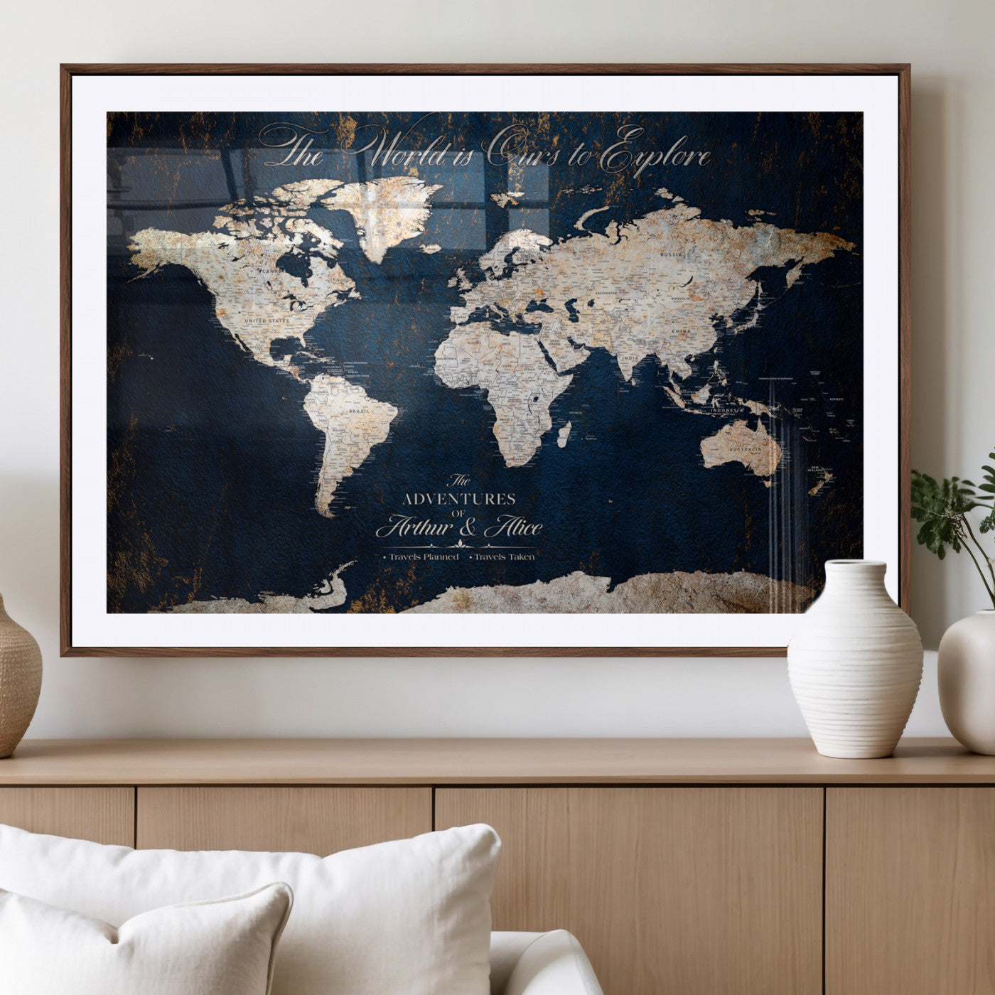 MGC-FP-36x24 - Personalized World Map Wall Art Canvas Print – Custom Push Pin Travel Map for Couples, Families, or Office Décor