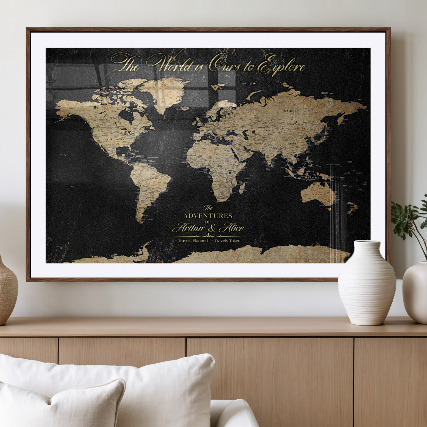 MGC-FP-36x24 - Personalized World Map Wall Art Canvas Print – Custom Push Pin Travel Map for Couples, Families, or Office Décor