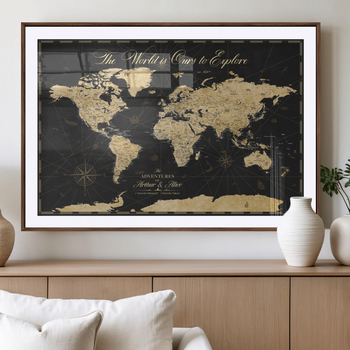 MGC-FP-36x24 - Personalized World Map Wall Art Canvas Print – Custom Push Pin Travel Map for Couples, Families, or Office Décor