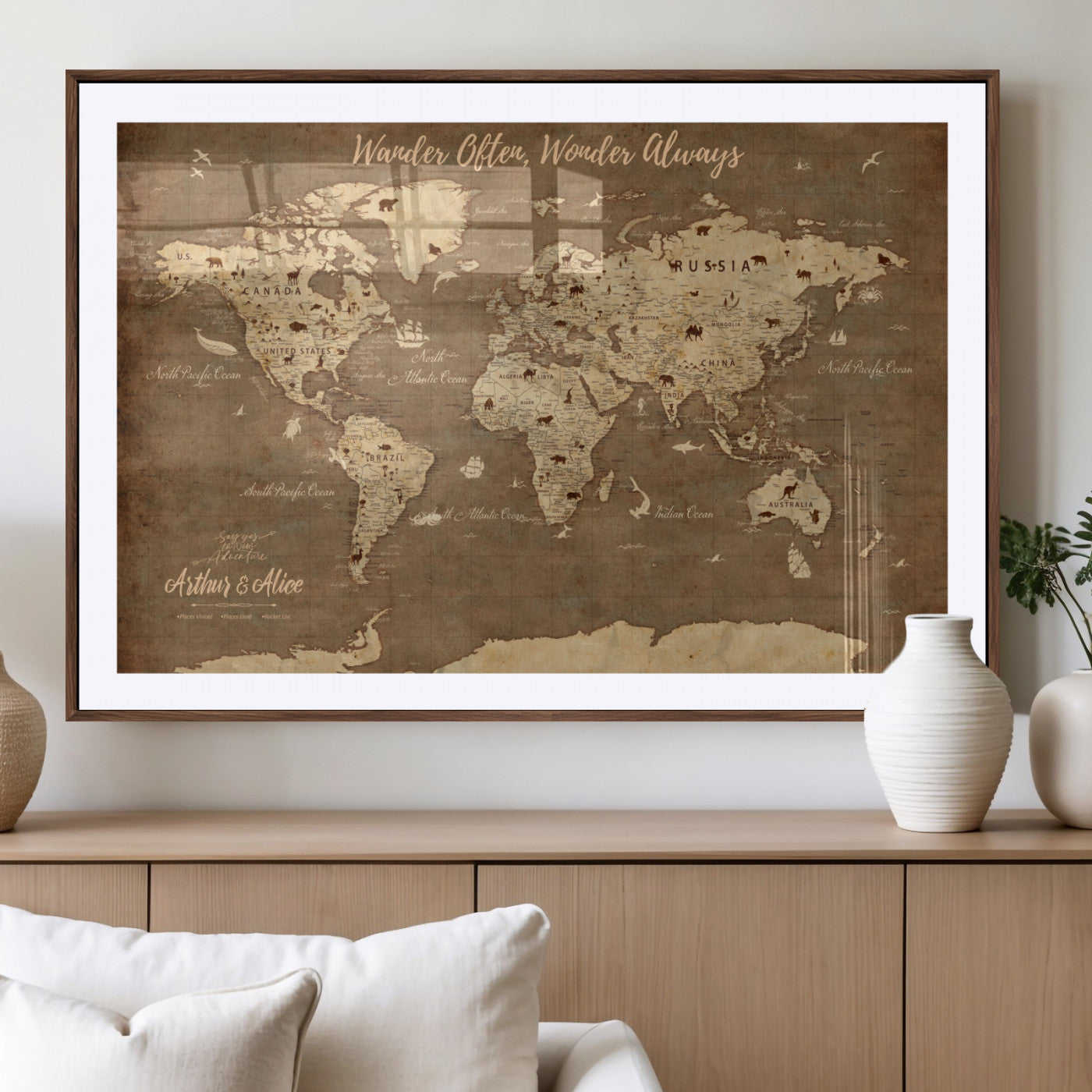 MGC-FP-36x24 - Personalized World Map Wall Art Canvas Print – Custom Push Pin Travel Map for Couples, Families, or Office Décor