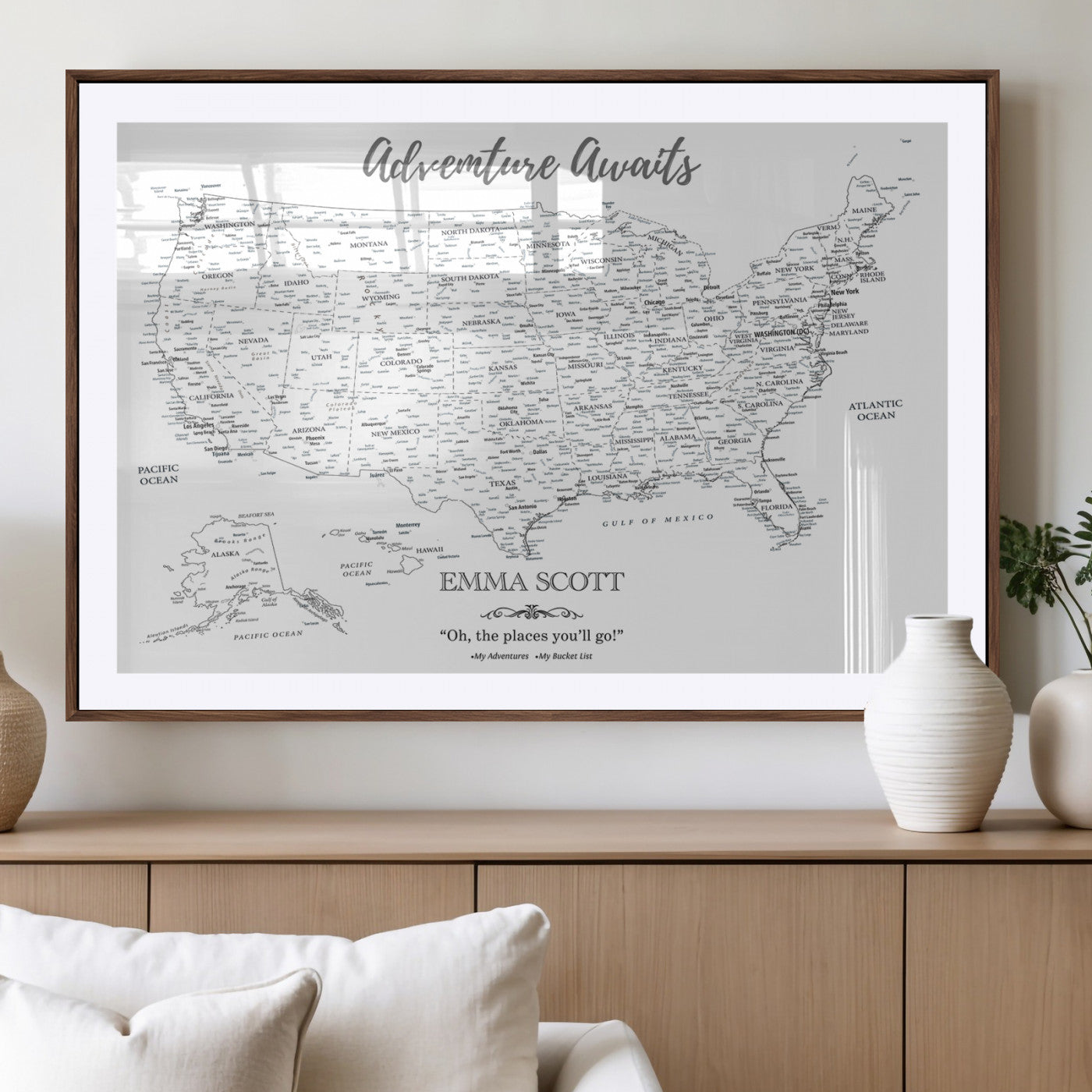 MGC-FP-36x24 - Personalized US Map Wall Art Canvas Print – Custom Push Pin Travel United States US Map for Couples, Families, or Office Décor