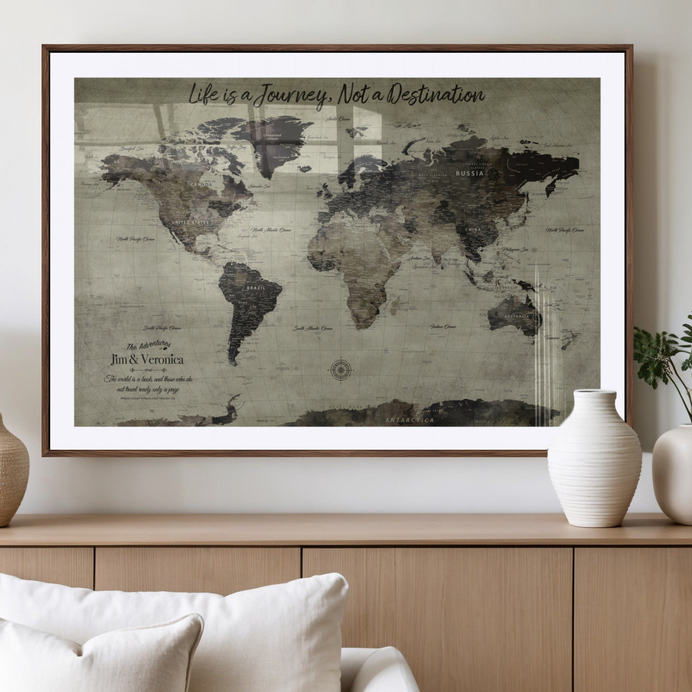 MGC-FP-36x24 - Personalized World Map Wall Art Canvas Print – Custom Push Pin Travel Map for Couples, Families, or Office Décor