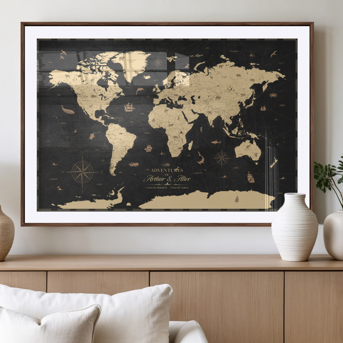 MGC-FP-36x24 - Personalized World Map Wall Art Canvas Print – Custom Push Pin Travel Map for Couples, Families, or Office Décor