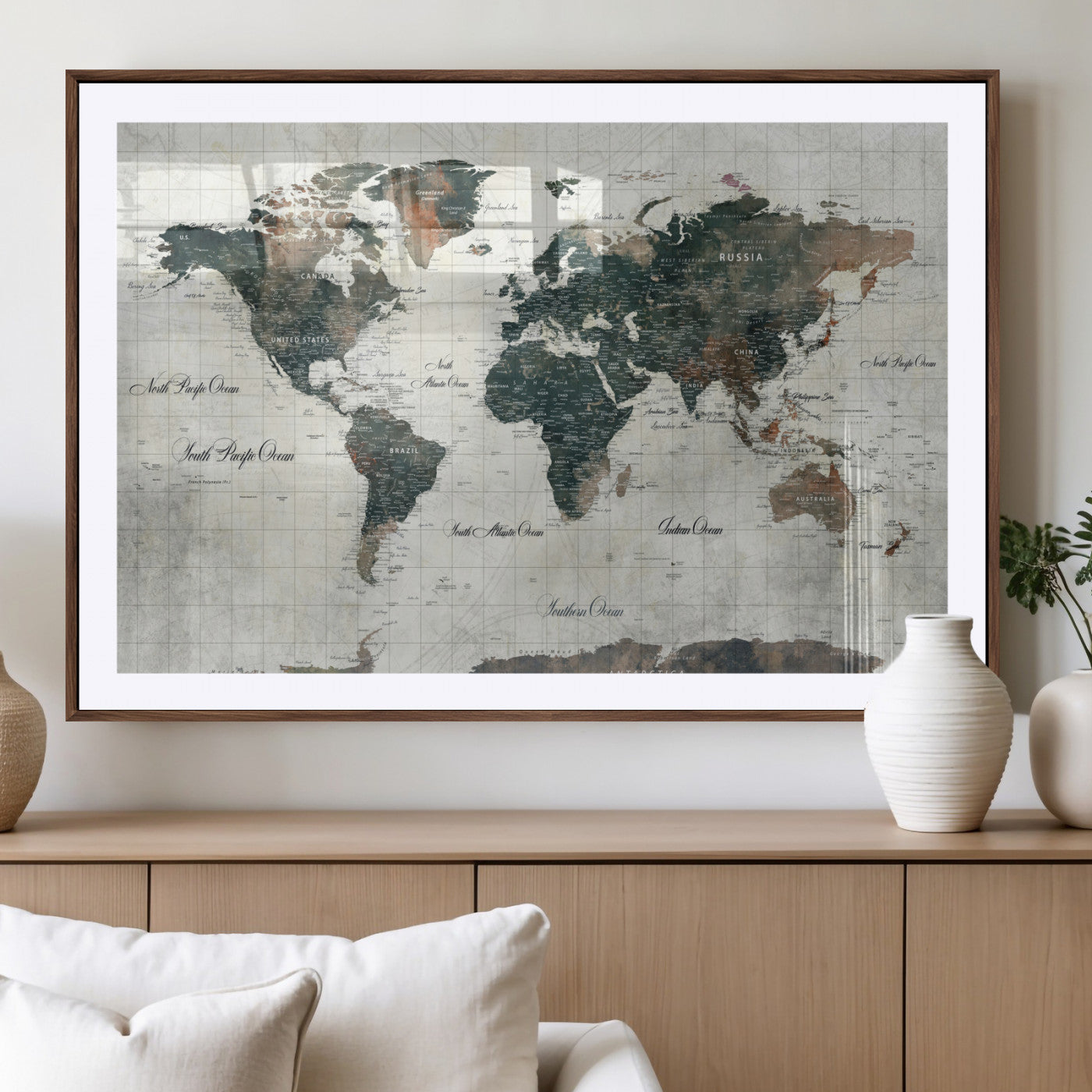 90149079-MGC-FP-36x24 - World Map Wall Art Canvas Print, Modern Decorative Framed Map Artwork Prints for Living Room, Office, Bedroom Wall Decor