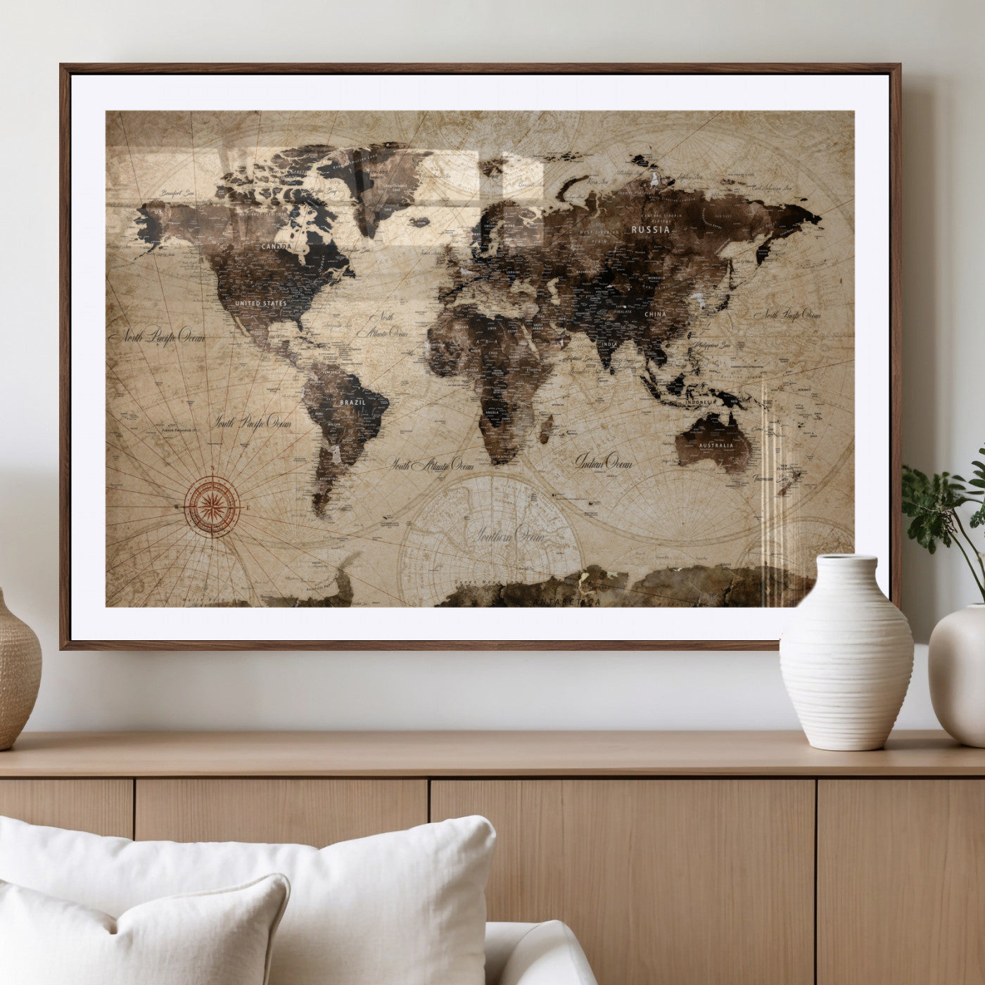97114757-MGC-FP-36x24 - Vintage World Map Wall Art Canvas Print, Modern Decorative Framed Map Artwork Prints for Living Room, Office, Bedroom Wall Decor