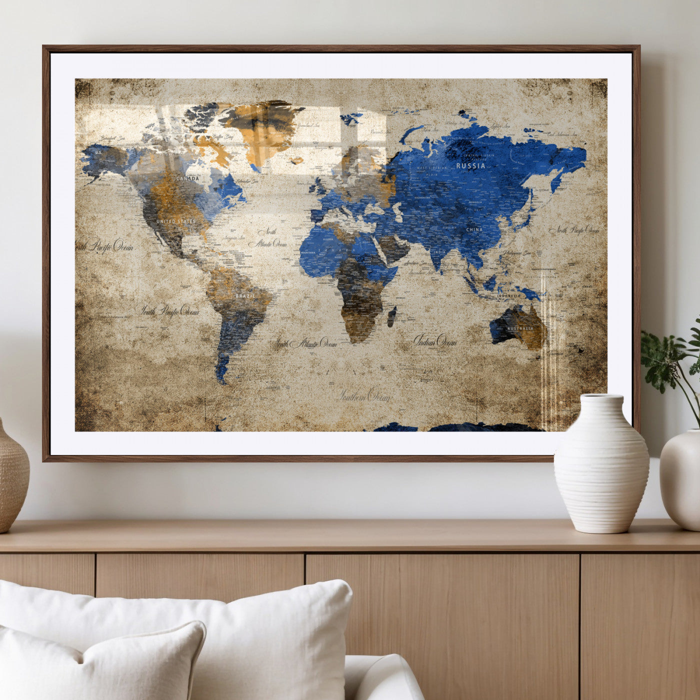 13564339-MGC-FP-36x24 - World Map Wall Art Canvas Print, Modern Decorative Framed Map Artwork Prints for Living Room, Office, Bedroom Wall Decor