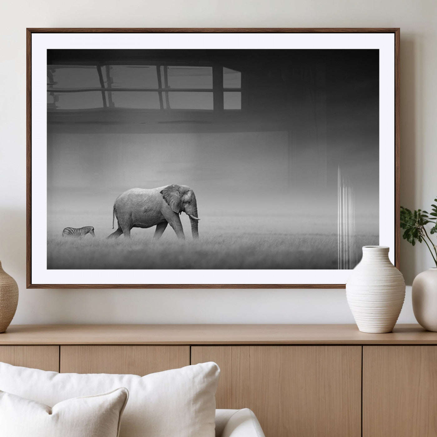 MGC-FP-36x24 - Elephand and Zebra Wall Art Canvas Print, Modern Artwork