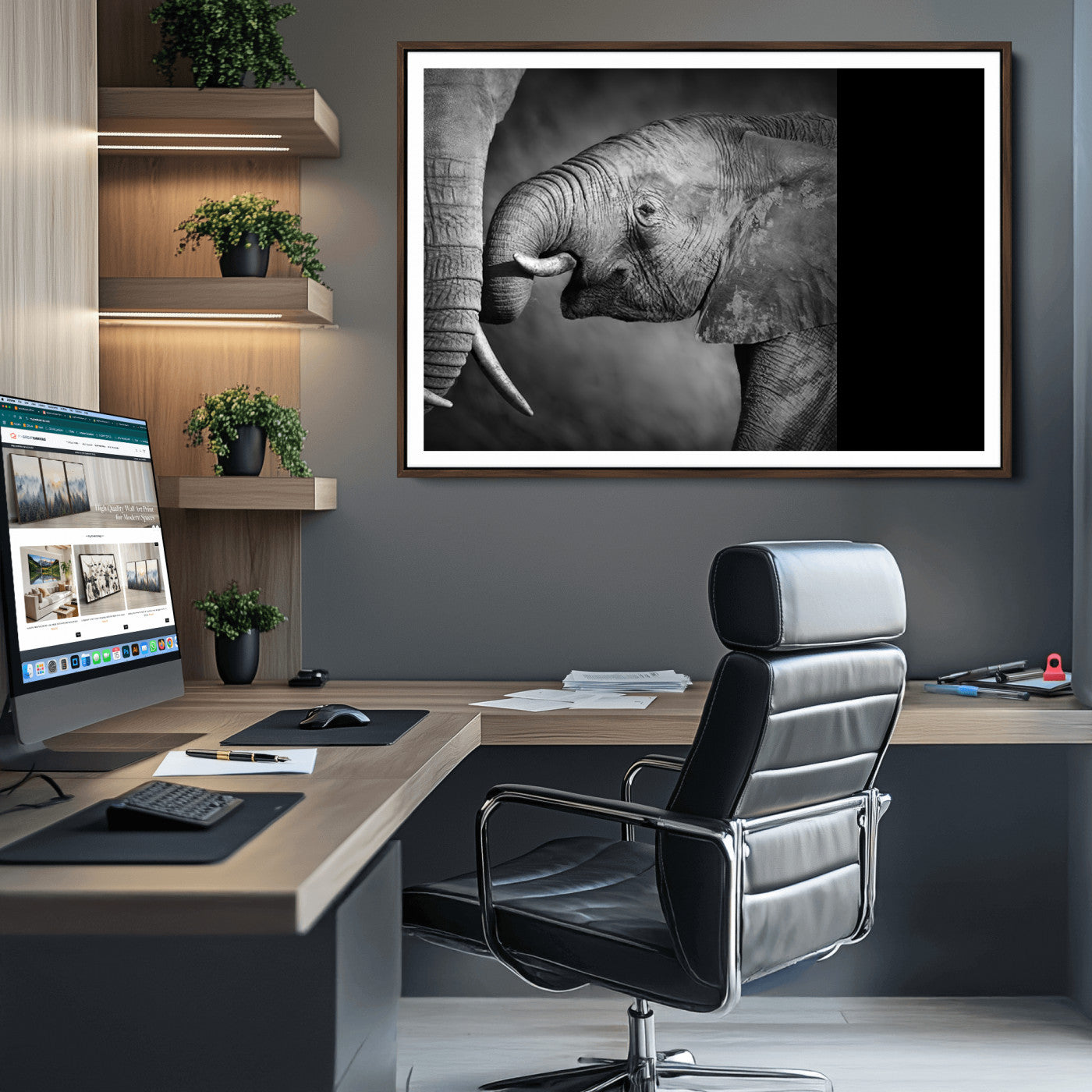 42691-MGC-FP-36x24_Walnut-Elephant Family Wall Art Canvas, Framed Elephant Family Canvas Print