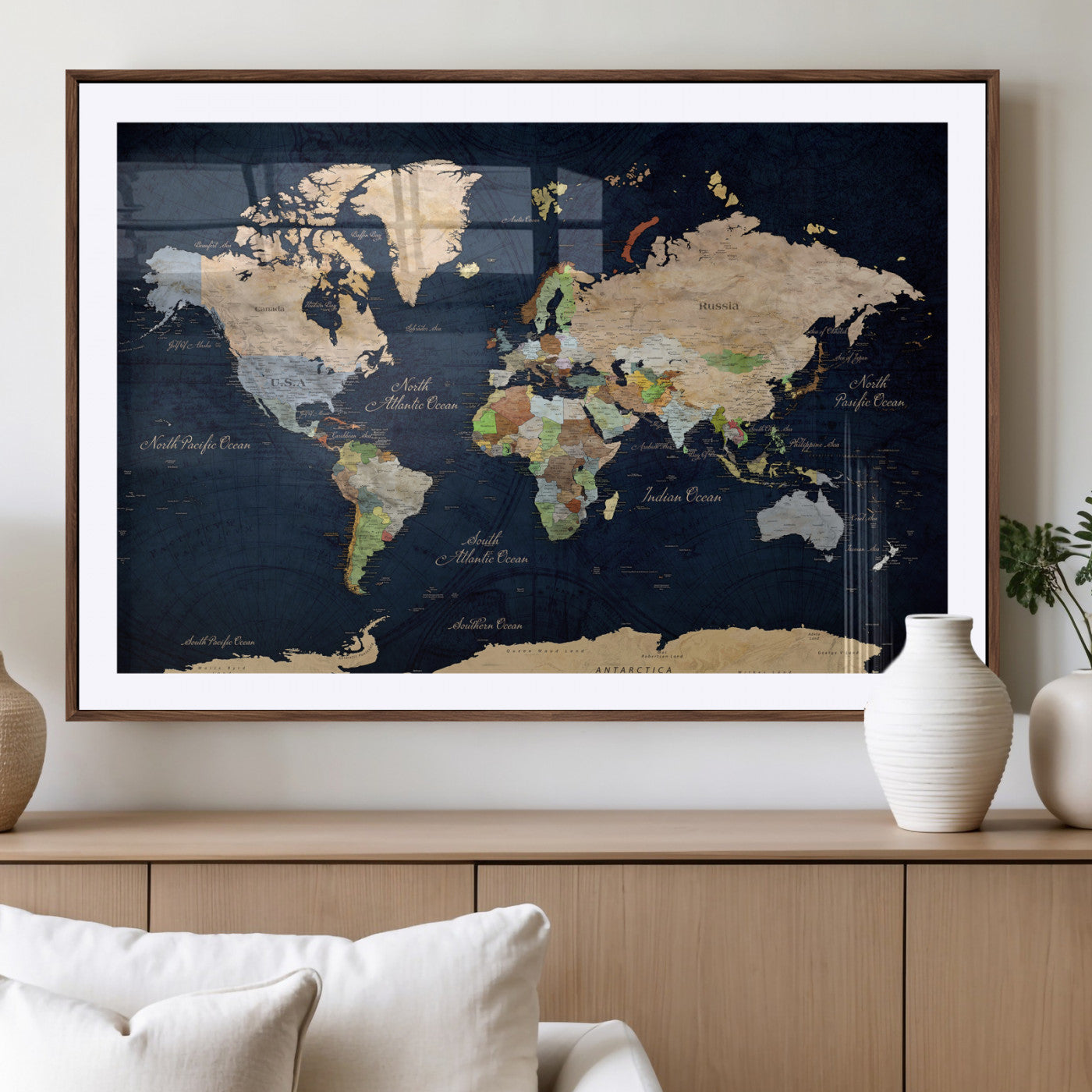 76603563-MGV-CV-36X24 - World Map Wall Art Canvas Print, Modern Decorative Framed Map Artwork Prints for Living Room, Office, Bedroom Wall Decor