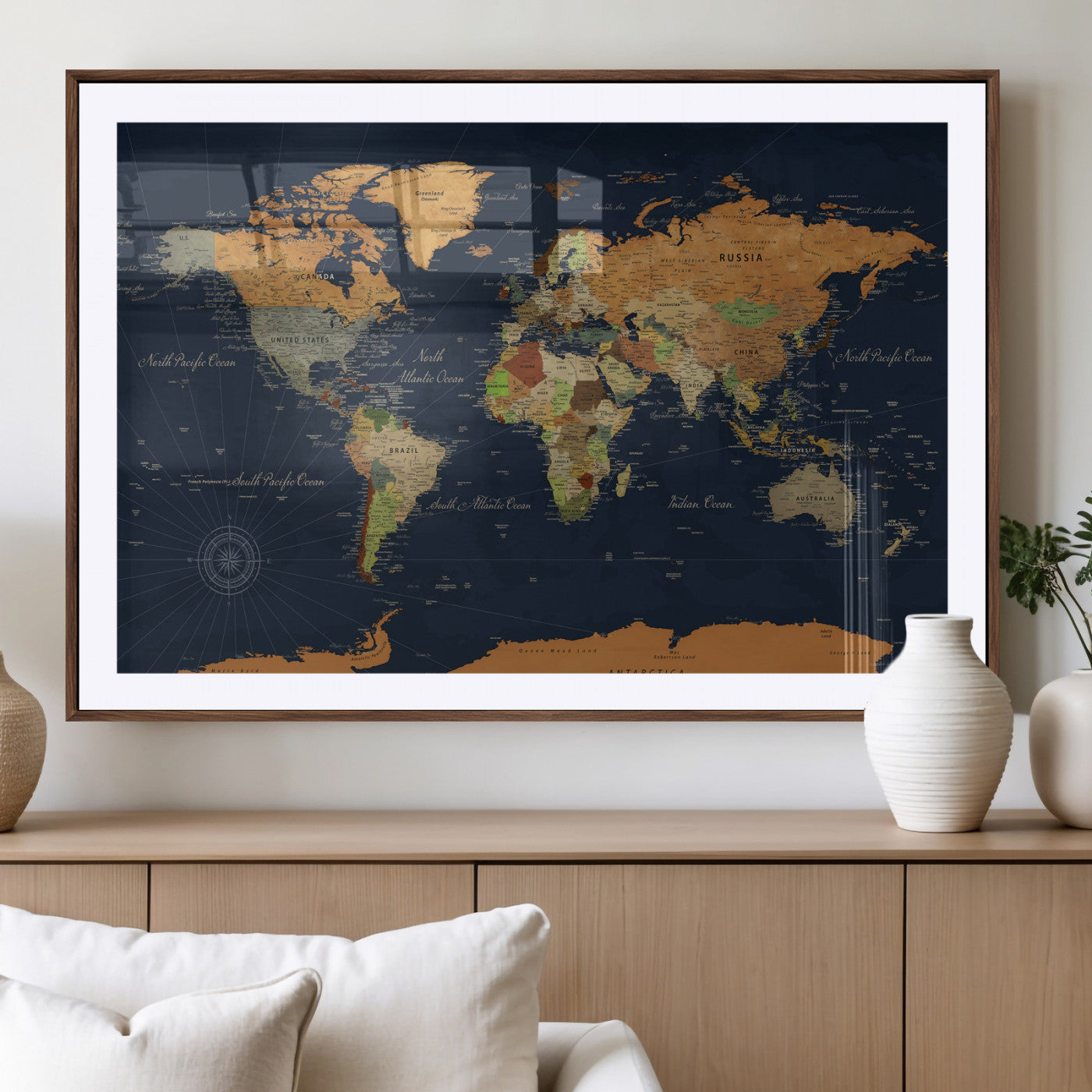 11715182-MGV-CV-36X24 - World Map Wall Art Canvas Print, Modern Decorative Framed Map Artwork Prints for Living Room, Office, Bedroom Wall Decor
