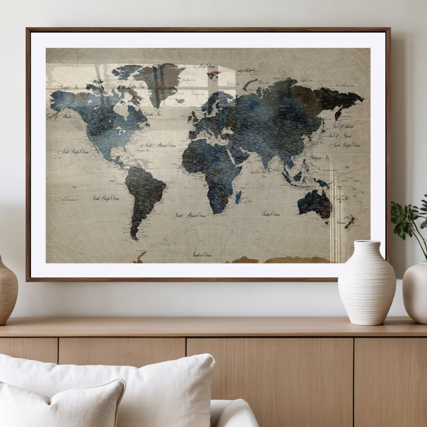 72927803-MGV-CV-36X24 - World Map Wall Art Canvas Print, Modern Decorative Framed Map Artwork Prints for Living Room, Office, Bedroom Wall Decor