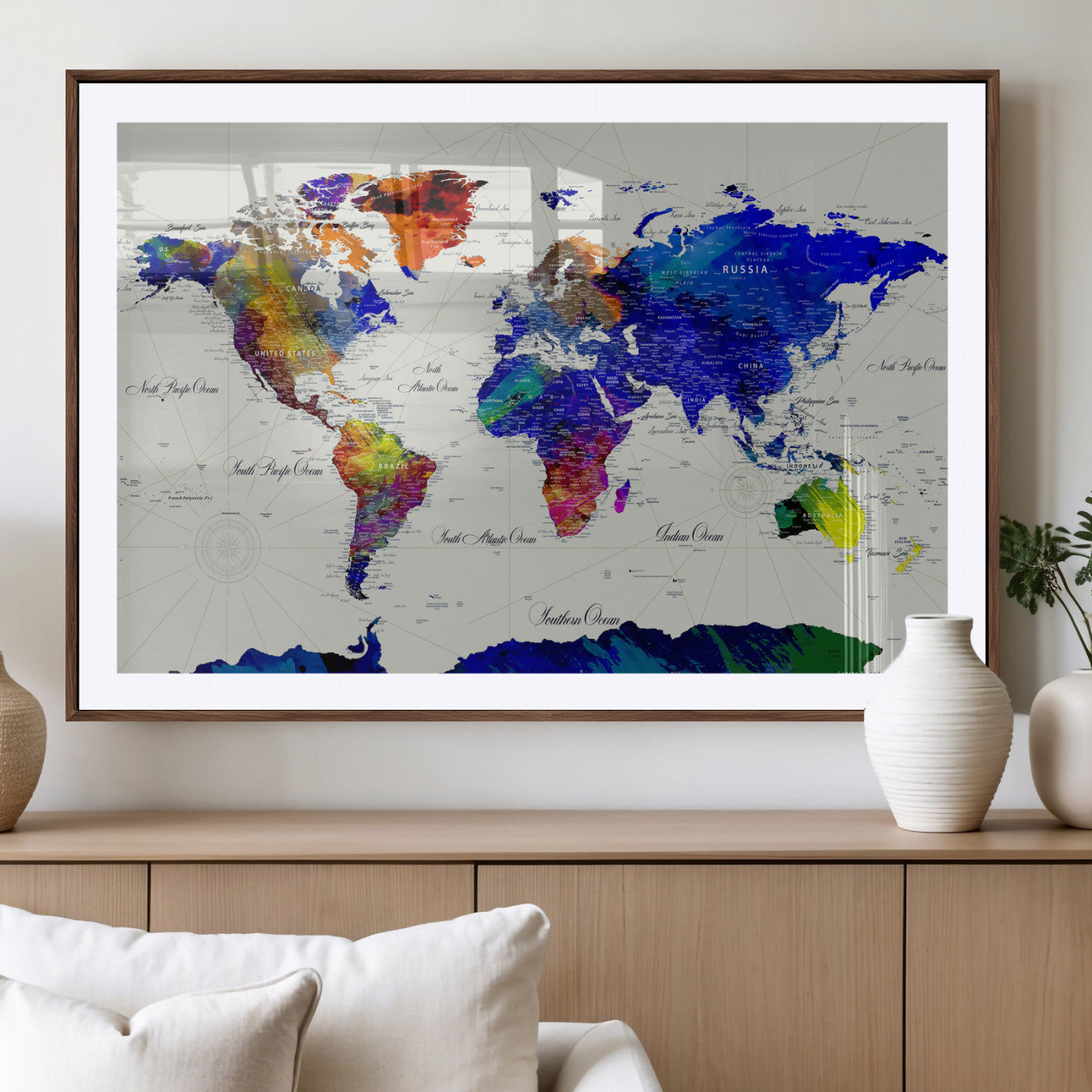 49670038-MGV-CV-36X24 - World Map Wall Art Canvas Print, Modern Decorative Framed Map Artwork Prints for Living Room, Office, Bedroom Wall Decor