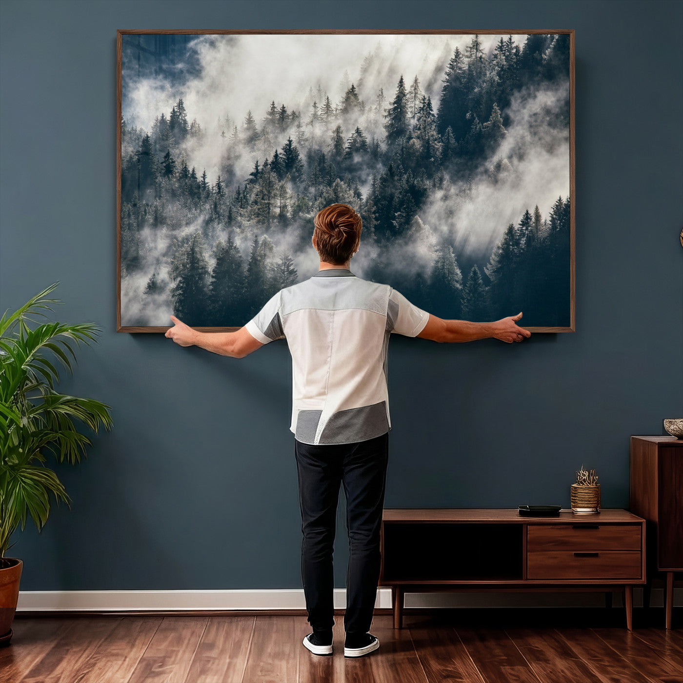 63405824-MGV-CV-36X24 - Foggy Mountain Forest Canvas Print, Misty Pine Trees Nature Wall Art, Framed Canvas Ready to Hang