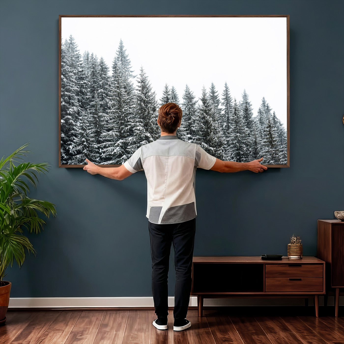 69566941-MGV-CV-36X24 - Misty Mountain Forest Canvas Print, Foggy Pine Trees Nature Wall Art, Framed Canvas Ready to Hang