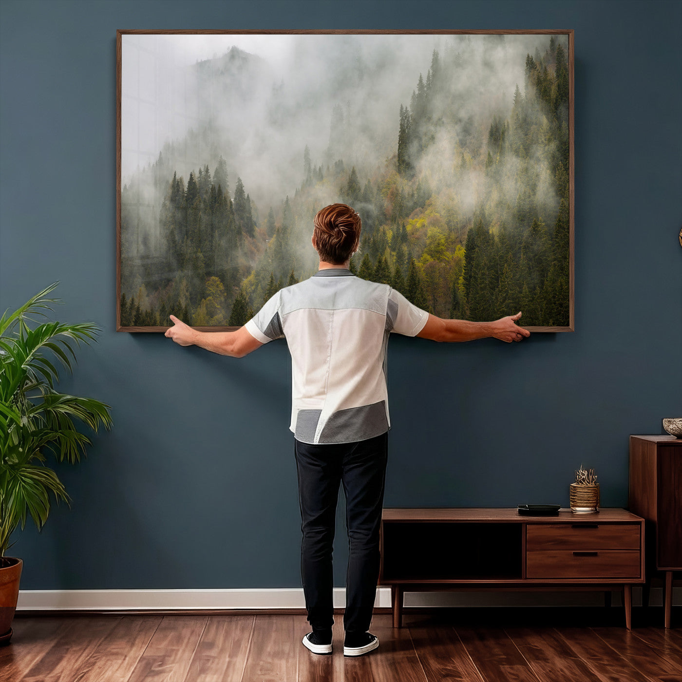 31152954-MGV-CV-36X24 - Misty Mountain Forest Canvas Print, Foggy Pine Trees Nature Wall Art, Framed Canvas Ready to Hang