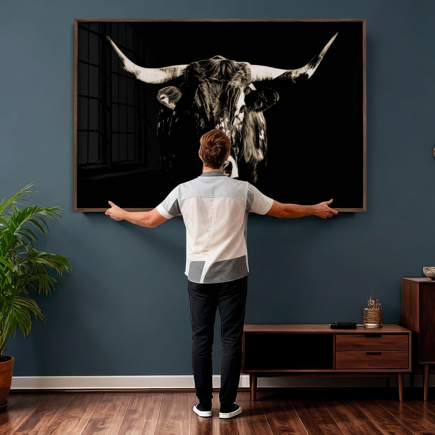 75774468-MGV-CV-36X24 - Black Bull Wall Art Canvas Print, Dark Longhorn Portrait Photography, Framed Wall Art Ready to Hang