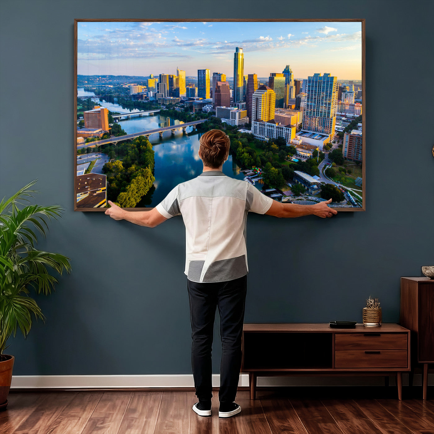33675326-MGV-CV-36X24 - Austin Skyline Wall Art Canvas Print, Austin Downtown Night Cityscape Print for Modern Urban Wall Decor