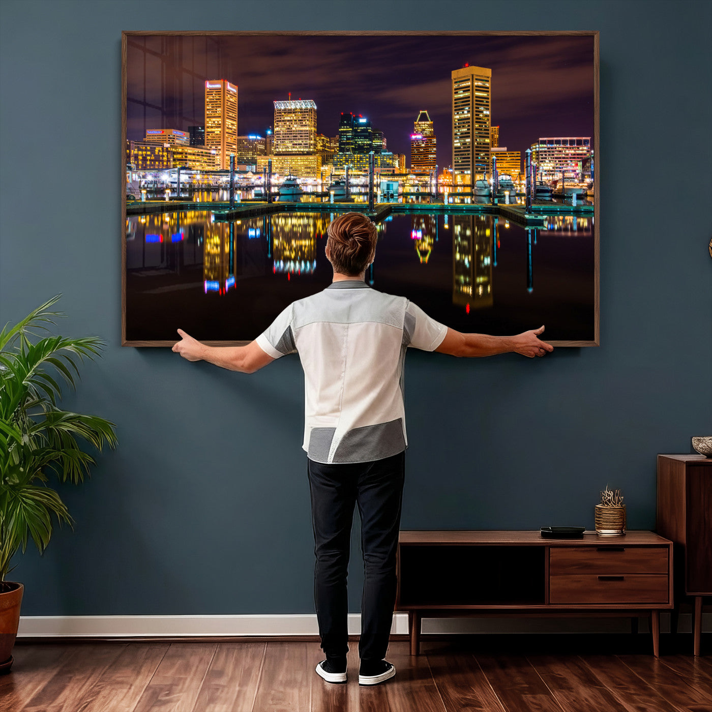 38201692-MGV-CV-36X24 - Baltimore Skyline Wall Art Canvas Print, Baltimore Downtown Night Cityscape Print for Modern Urban Wall Decor
