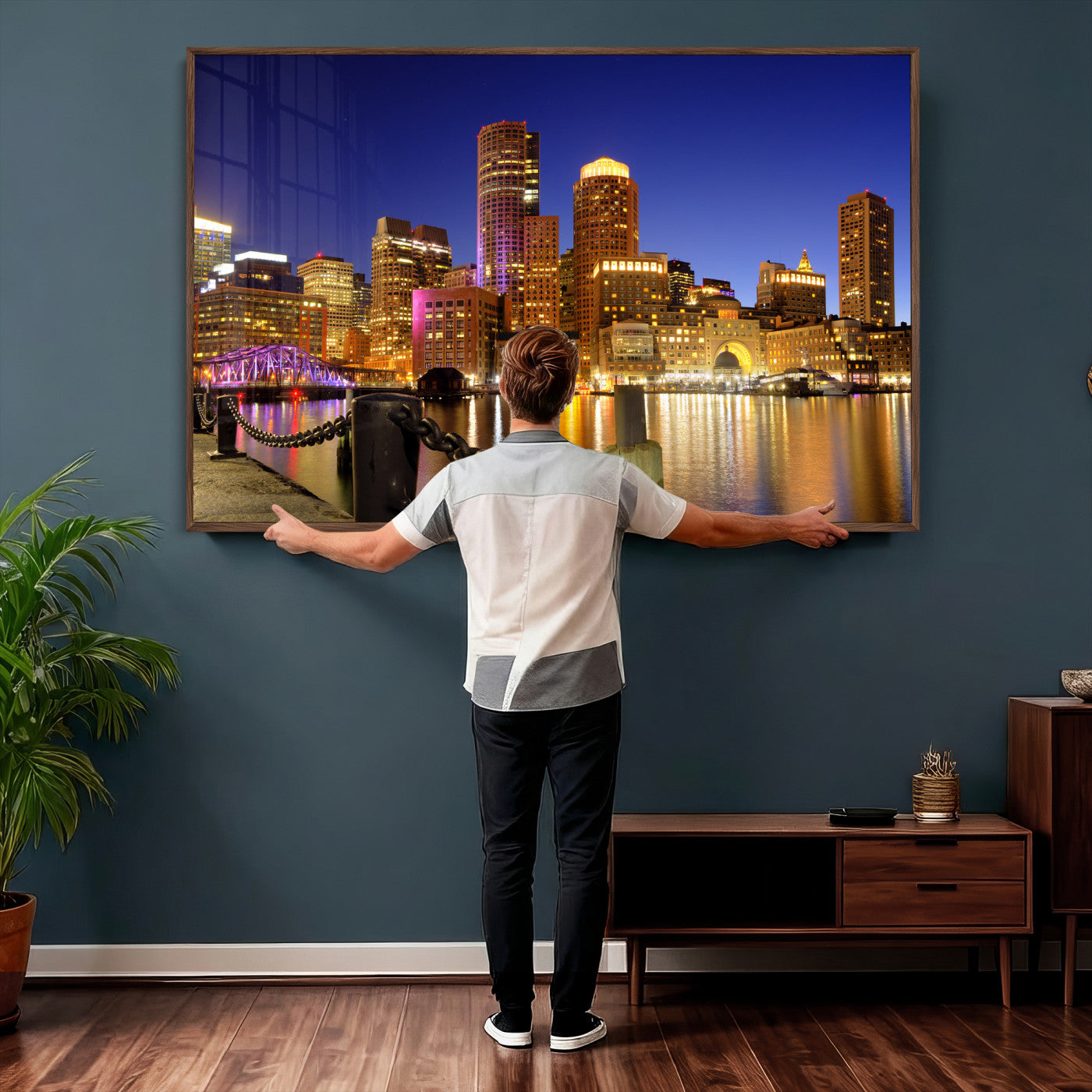 56611117-MGV-CV-36X24 - Boston Wall Art Canvas Print, Boston City Downtown Night Cityscape Print for Modern Urban Wall Decor