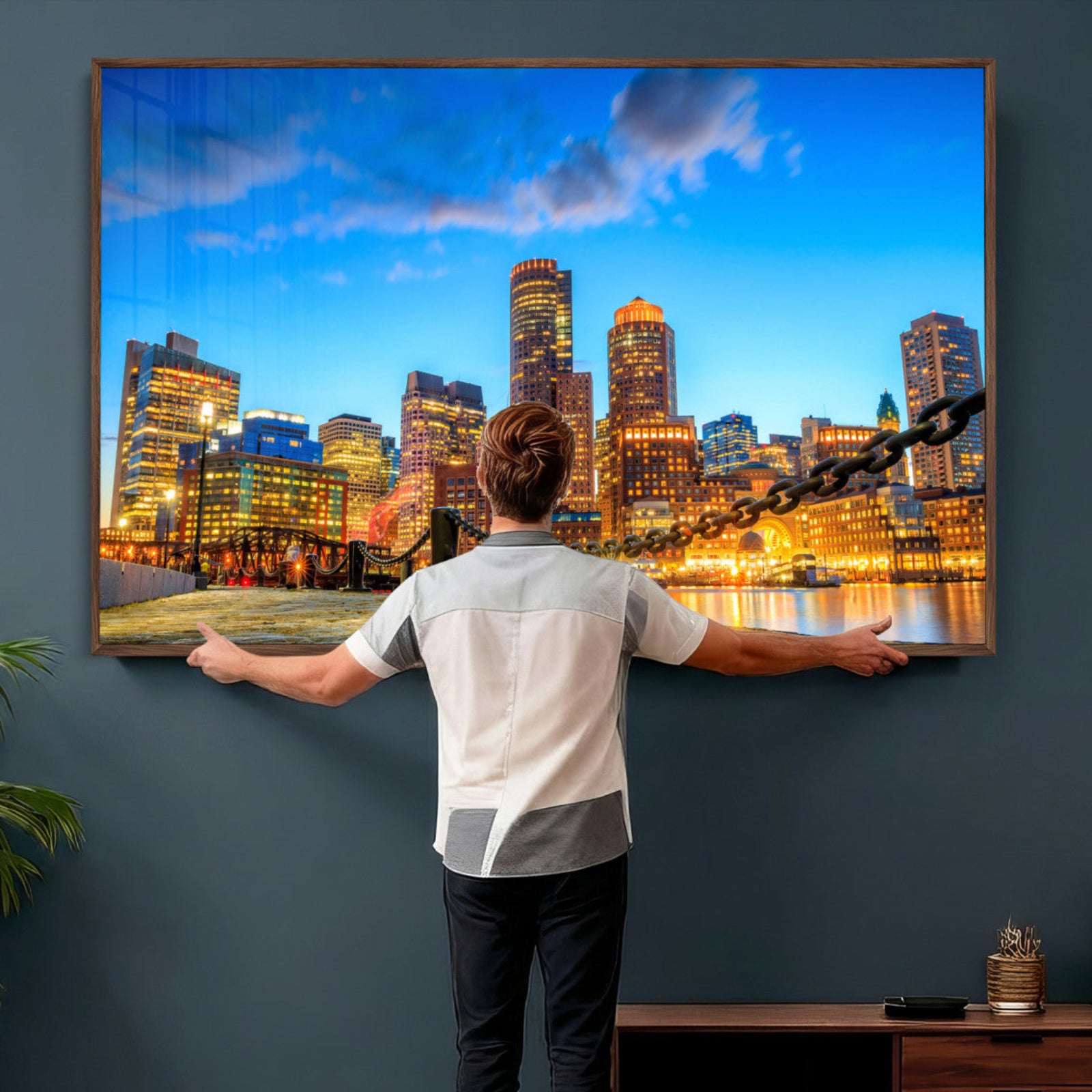 46736409-MGV-CV-36X24 - Boston Wall Art Canvas Print, Boston City Downtown Night Cityscape Print for Modern Urban Wall Decor