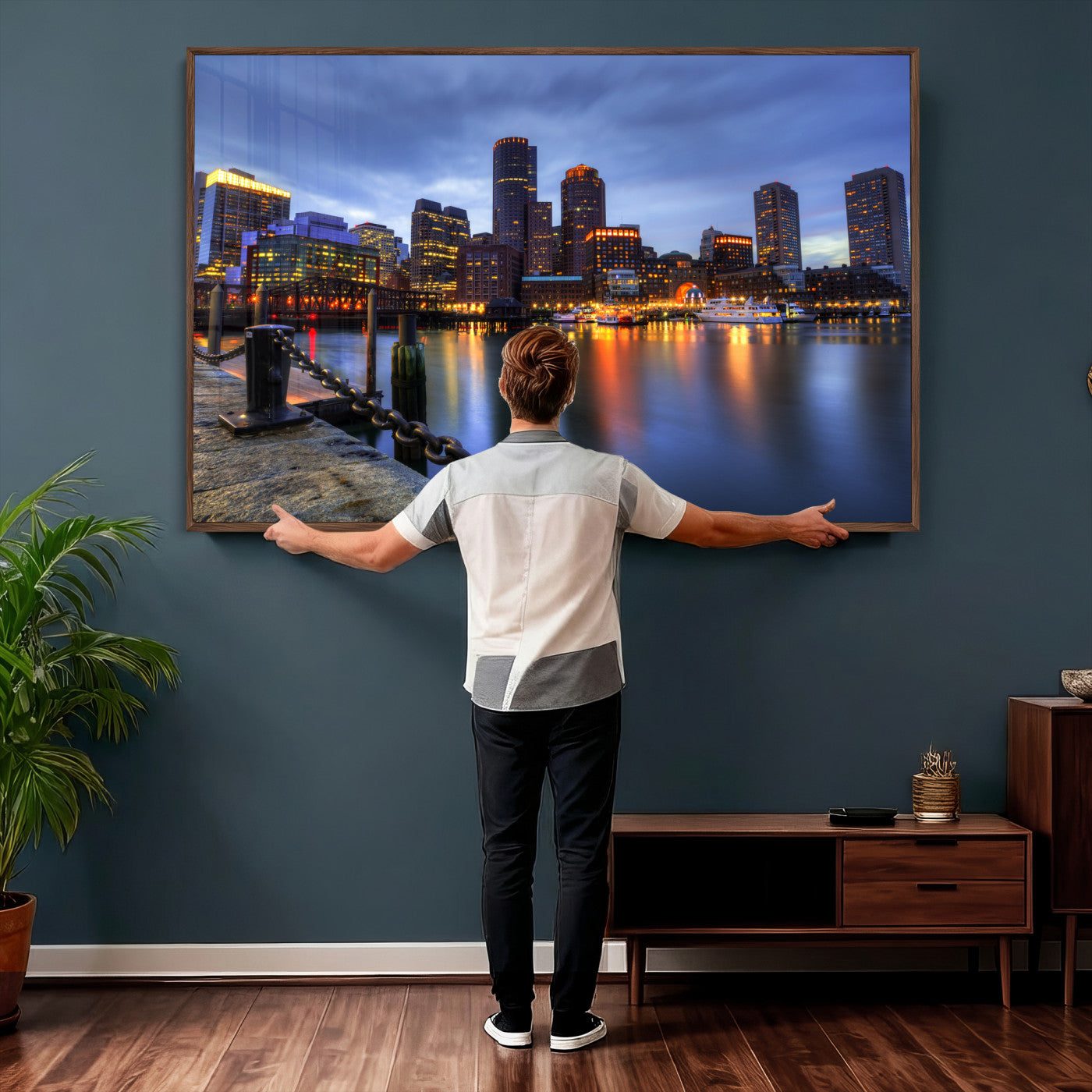 82439622-MGV-CV-36X24 - Boston Wall Art Canvas Print, Boston City Downtown Night Cityscape Print for Modern Urban Wall Decor