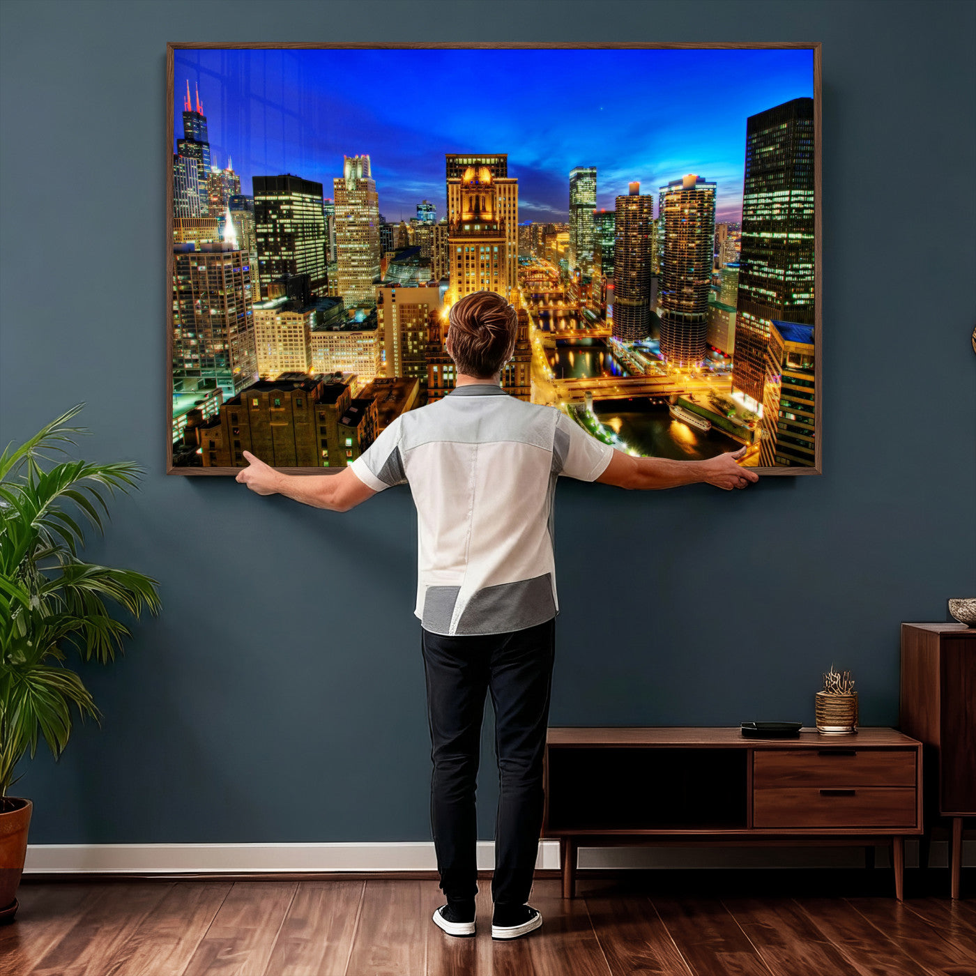 46298885-MGV-CV-36X24 - Chicago Wall Art Canvas Print, Chicago City Downtown Night Cityscape Print for Modern Urban Wall Decor