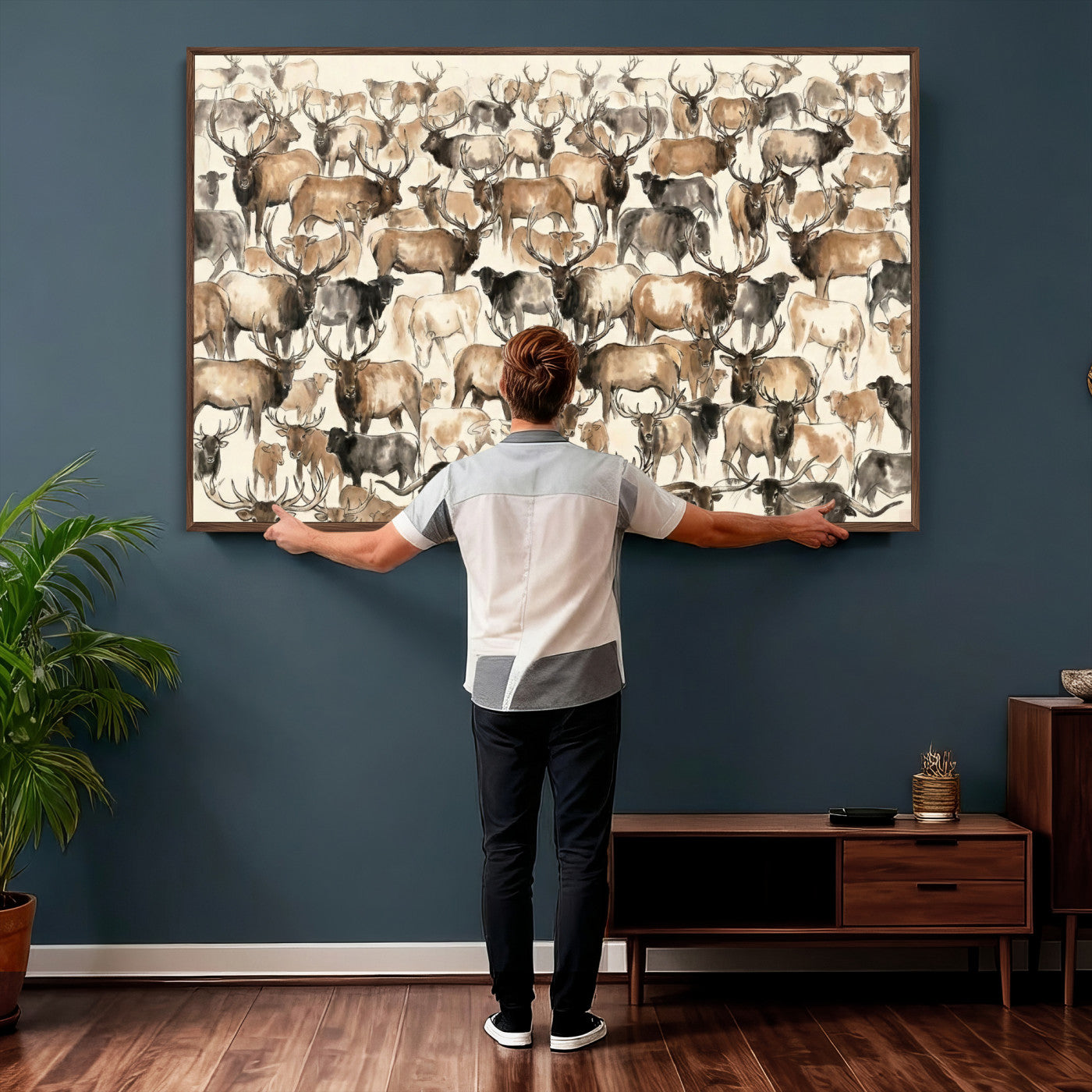 24374881-MGV-CV-36X24 - Farmhouse Animals Wall Art Canvas Print - Abstract Farm Animal Drawing Mid-Century Wall Art for Cabin Decor
