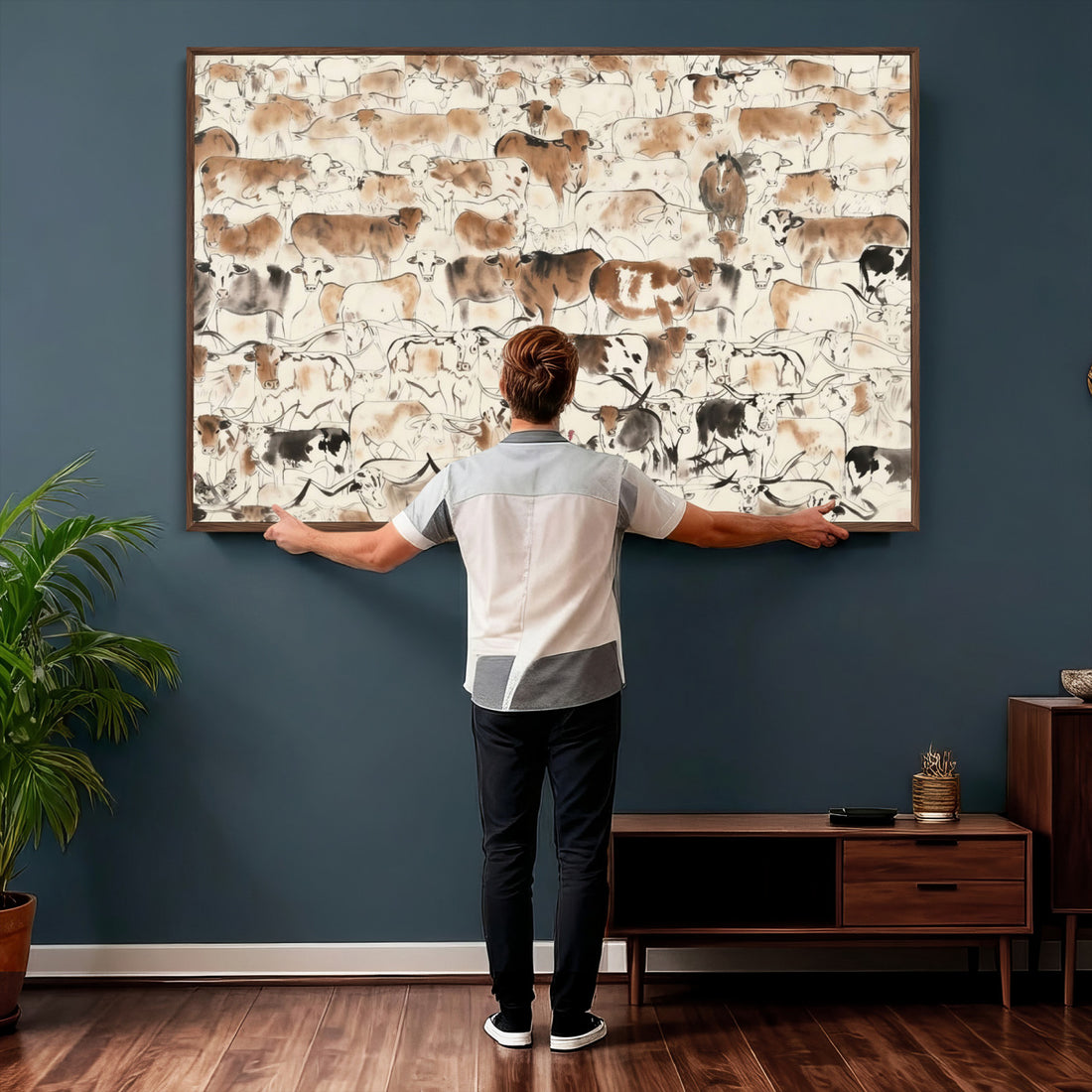 Farmhouse Longhorn Wall Art Canvas Print, Abstract Farm Animal Drawing for Home Decor