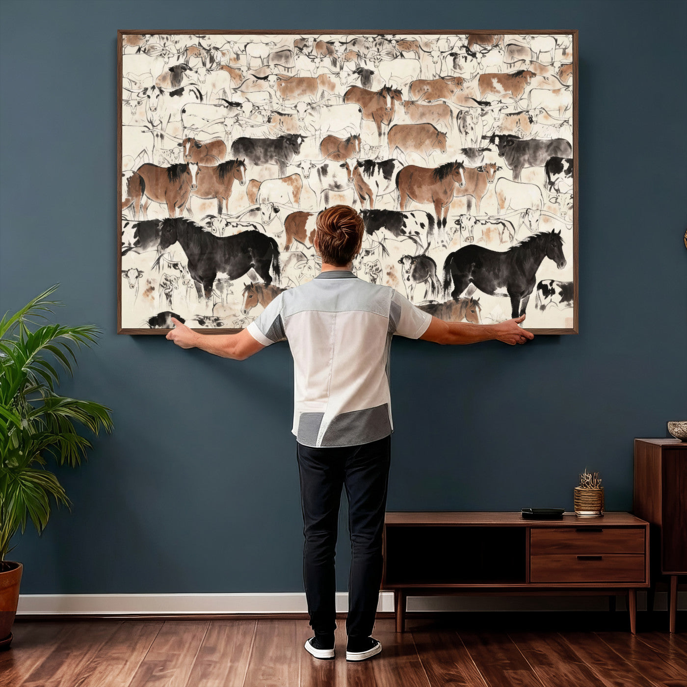 74171578-MGV-CV-36X24 - Farmhouse Animals Wall Art Canvas Print - Abstract Farm Animal Drawing Mid-Century Wall Art for Cabin Decor