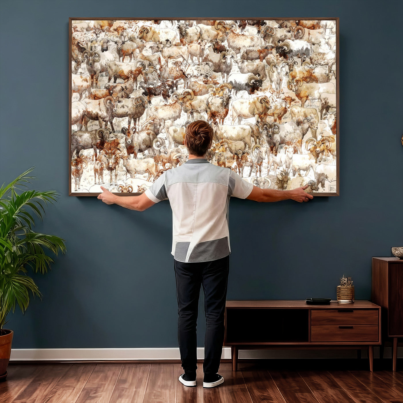 95103864-MGV-CV-36X24 - Farmhouse Animals Wall Art Canvas Print - Abstract Farm Animal Drawing Mid-Century Wall Art for Cabin Decor